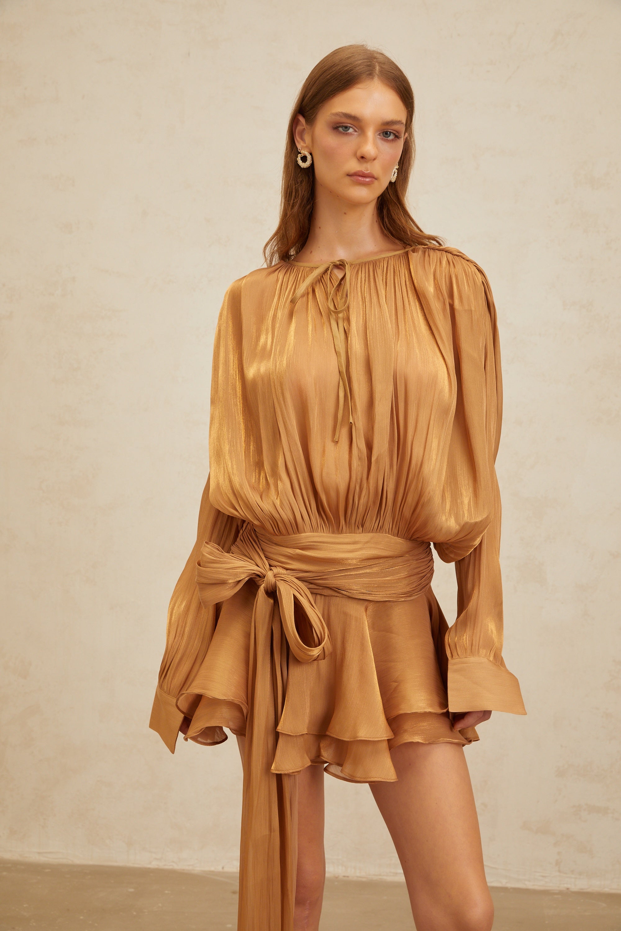Eugénie Gold Fully Pleated Ruffled Mini Dress
