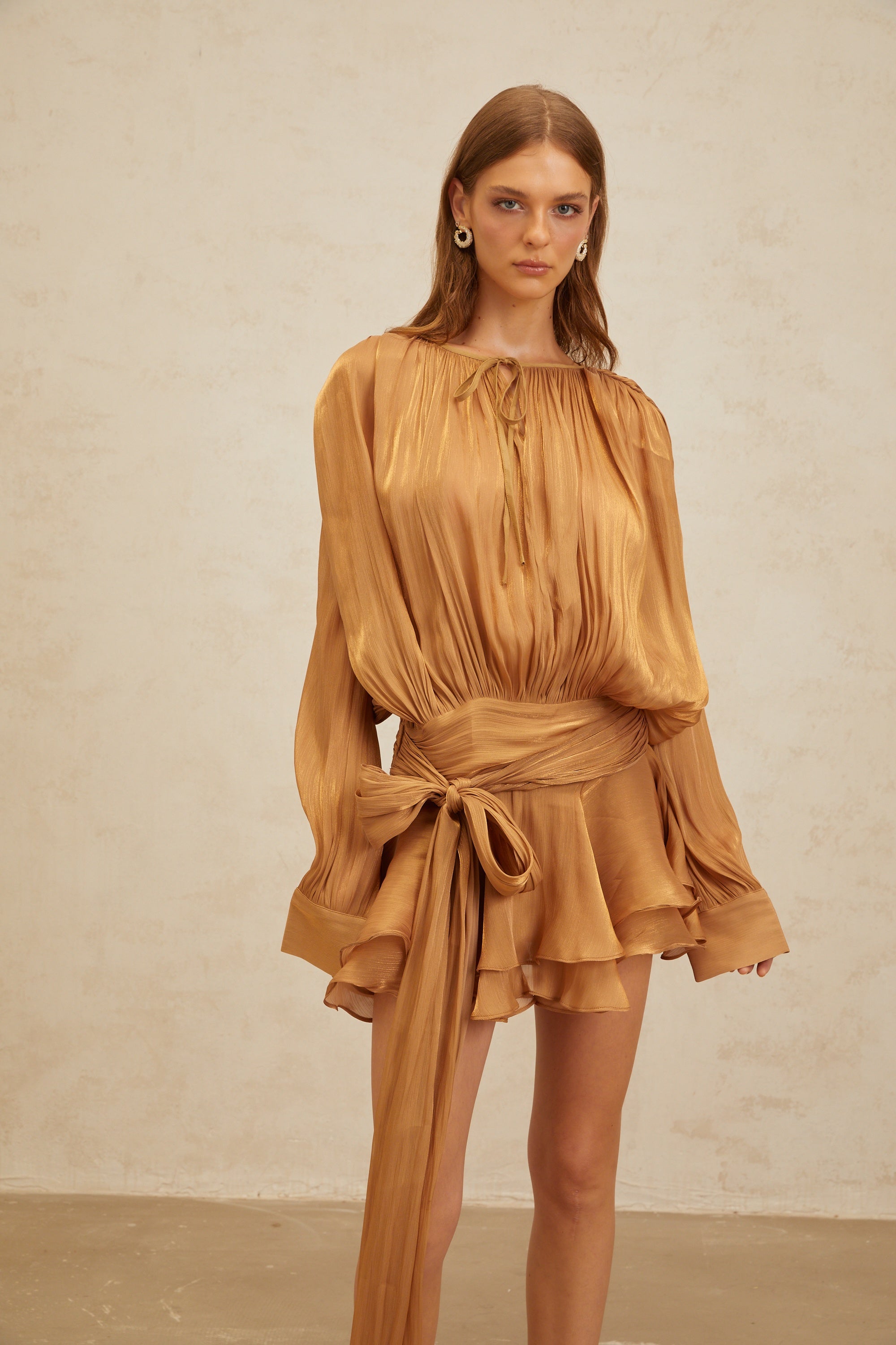 Eugénie Gold Fully Pleated Ruffled Mini Dress