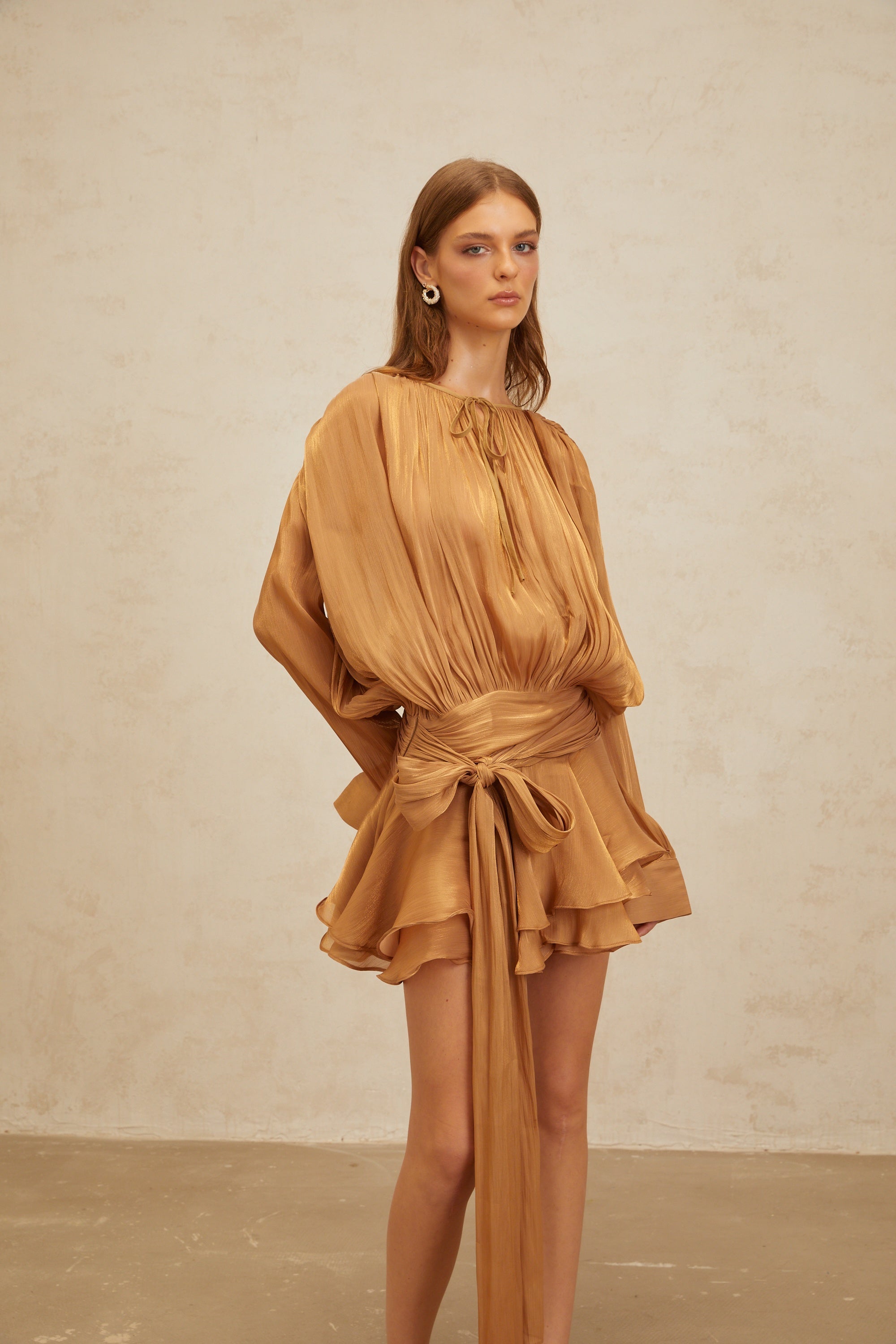 Eugénie Gold Fully Pleated Ruffled Mini Dress