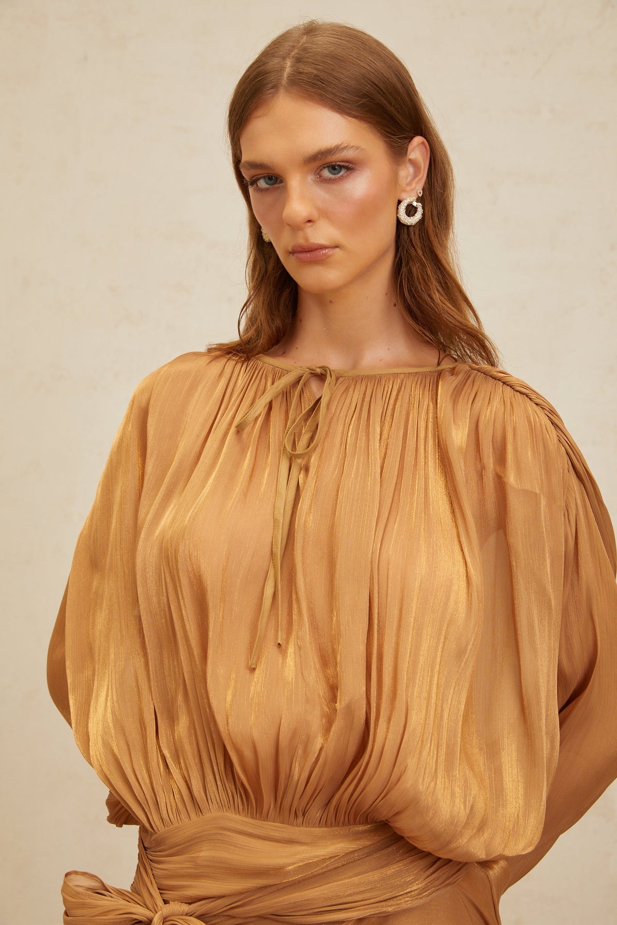 Eugénie Gold Fully Pleated Ruffled Mini Dress