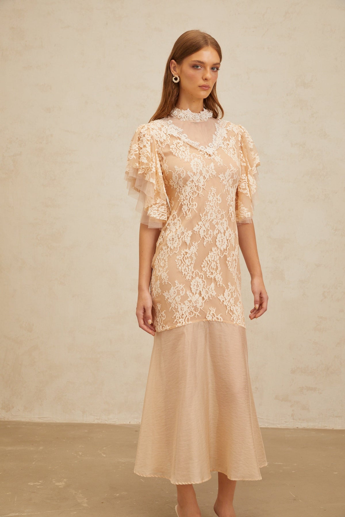 Annabelle Embellished Floral Lace Panelled Midi Dress in Neutrals