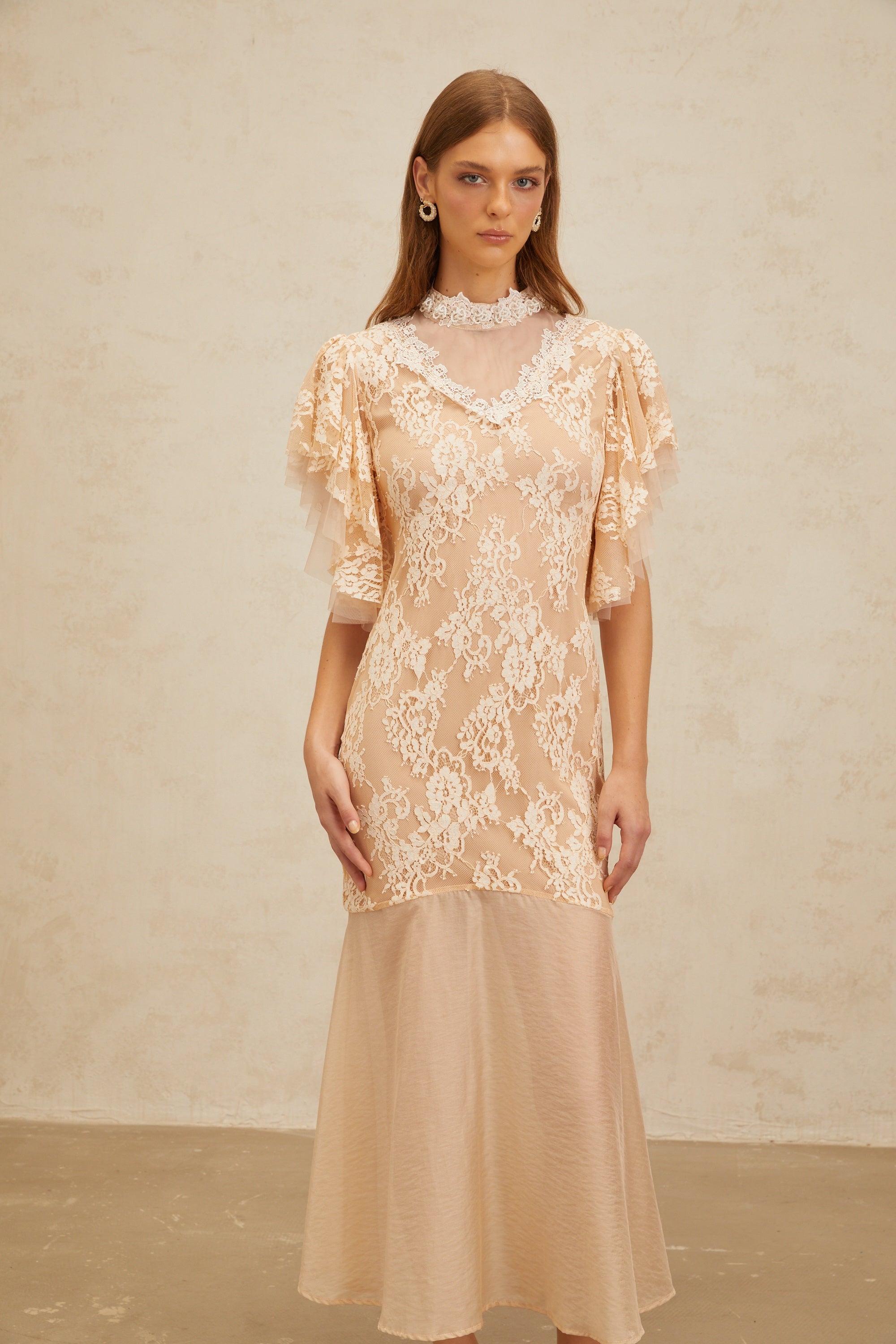 Annabelle Embellished Floral Lace Panelled Midi Dress in Neutrals