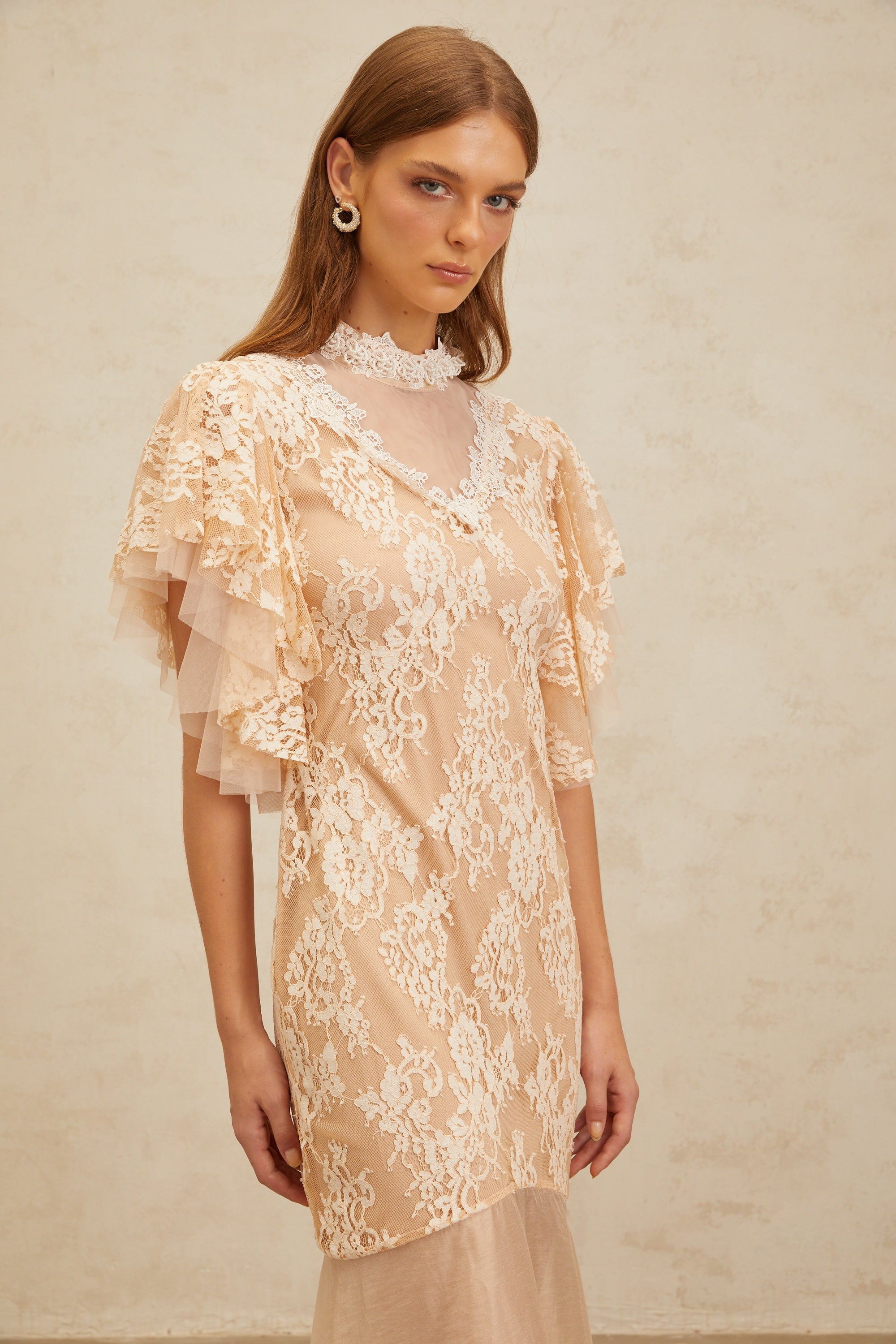 Annabelle Embellished Floral Lace Panelled Midi Dress in Neutrals (Final Sale-US Only)