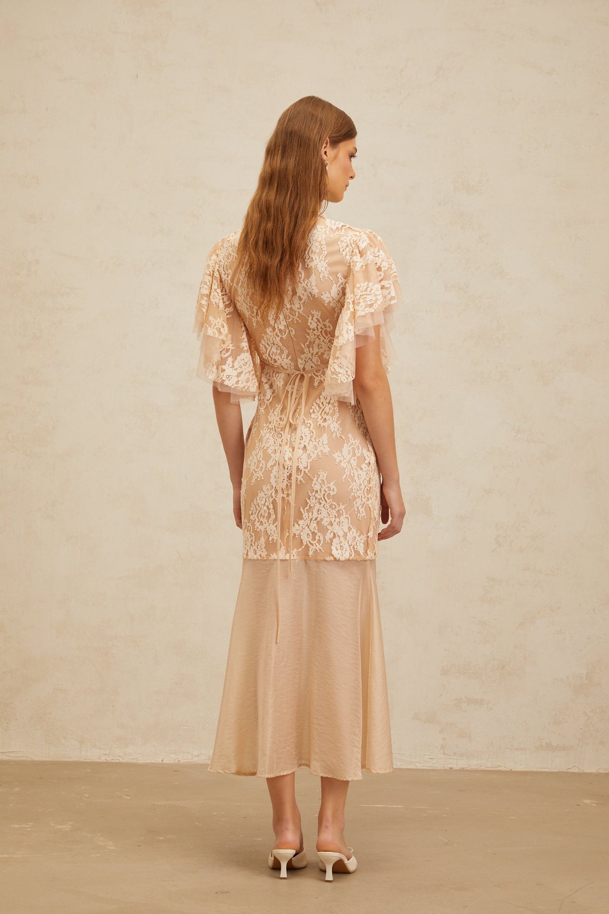 Annabelle Embellished Floral Lace Panelled Midi Dress in Neutrals (Final Sale-US Only)