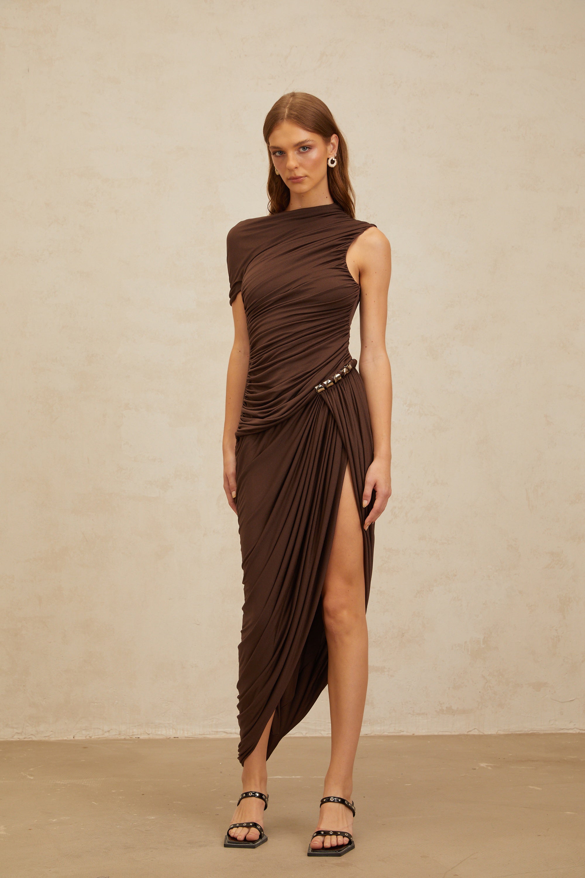Prune Brown Night Out Asymmetrical Ruched Midi Dress (Final Sale)