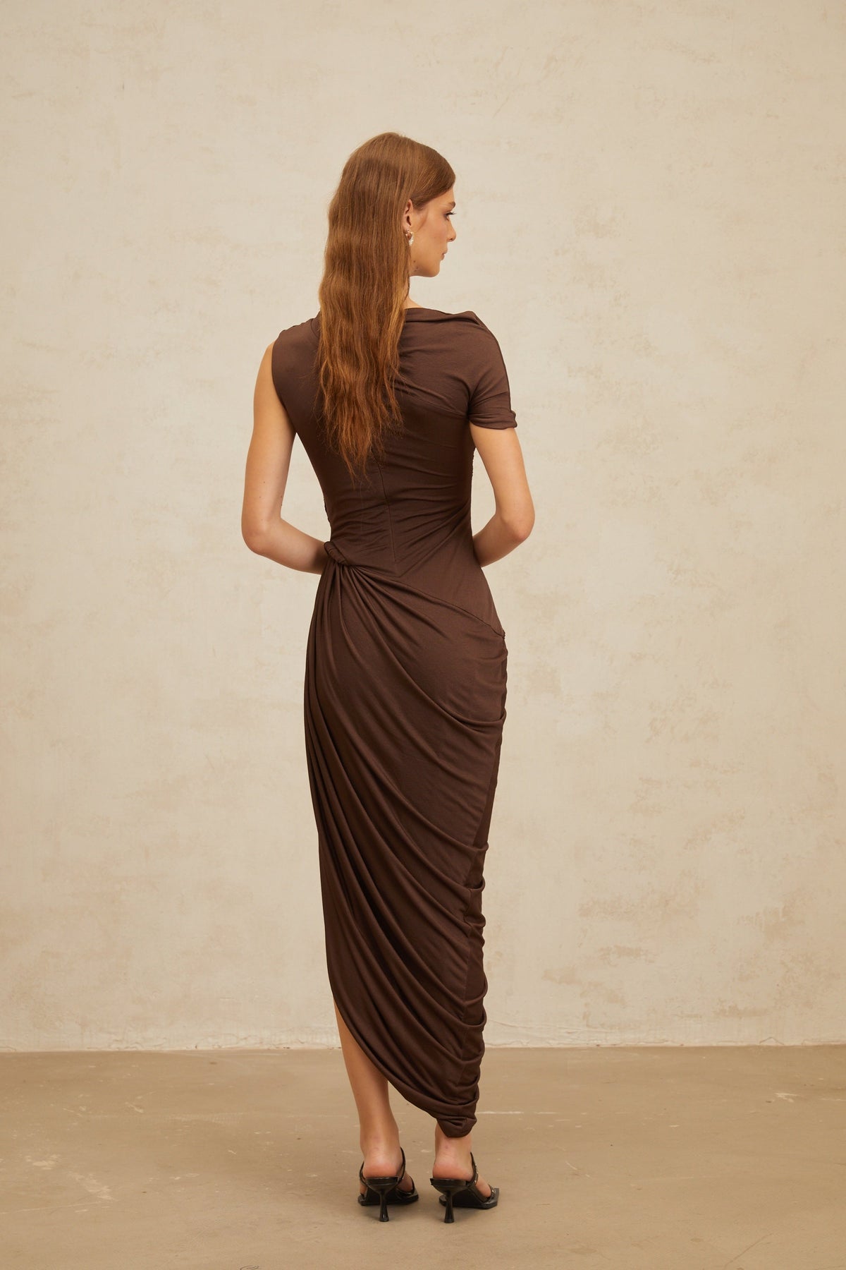 Prune Brown Night Out Asymmetrical Ruched Midi Dress