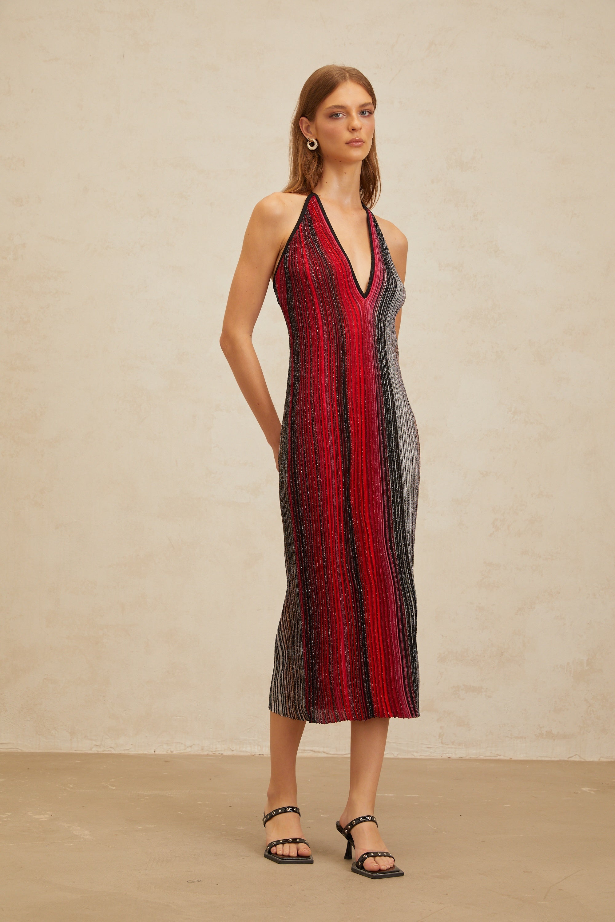 Amaryllis Red Sequined Striped Knit Midi Dress