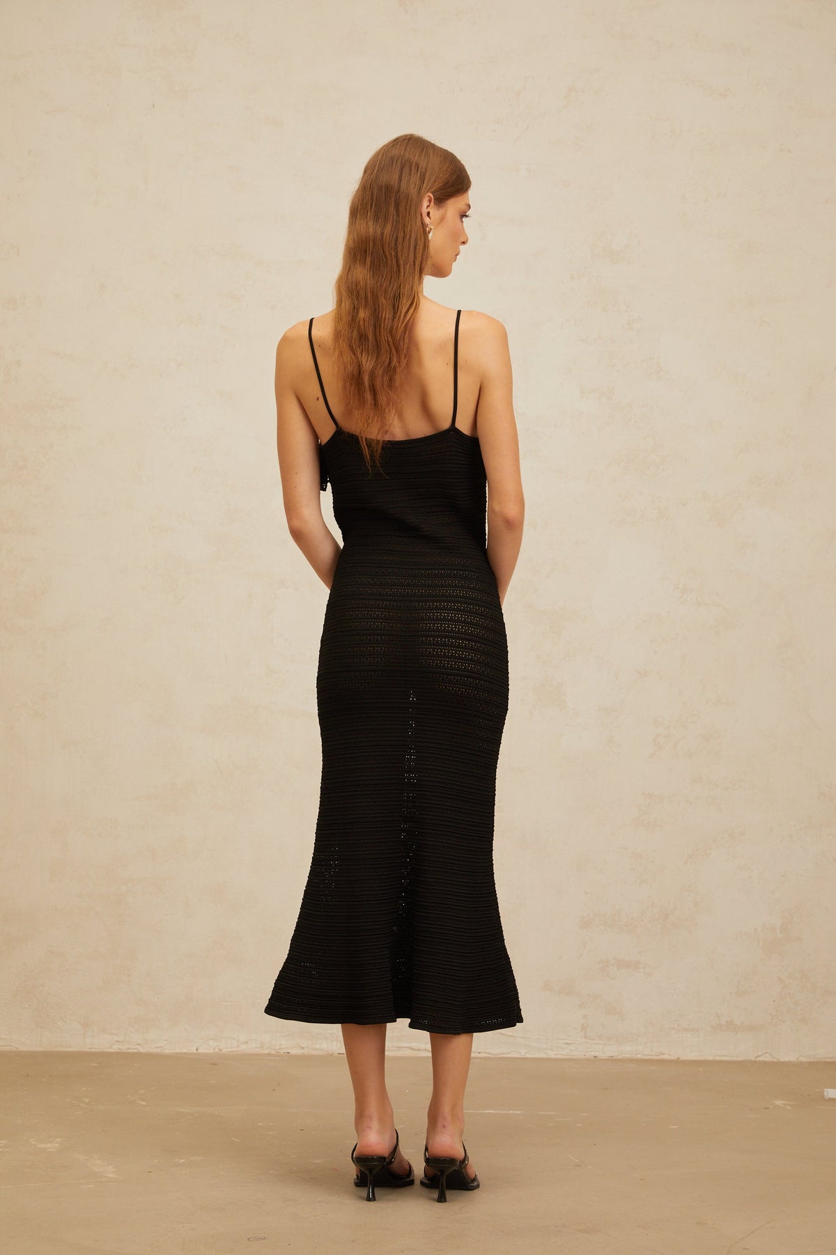 Capucine Black Ruffled Crochet Knit Midi Dress