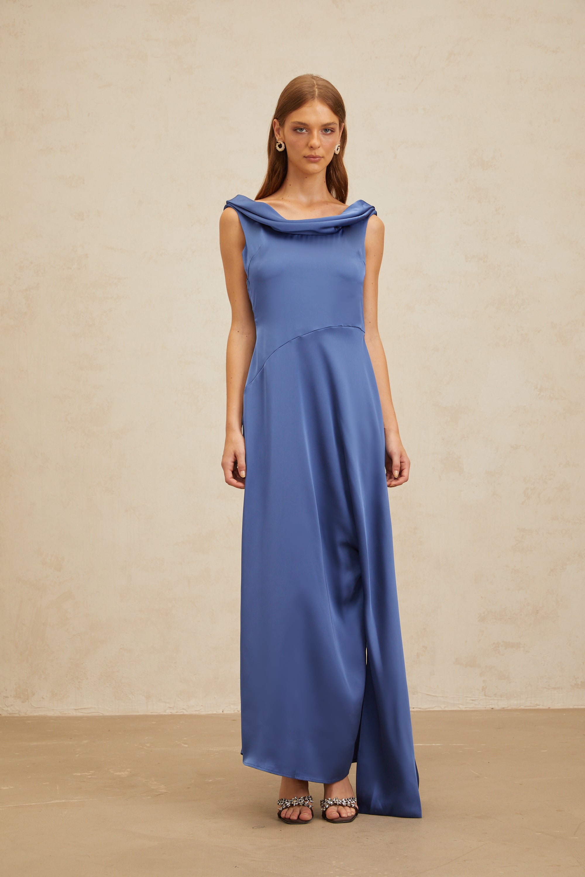 Éliane Sapphire Open-Back Satin Maxi Dress