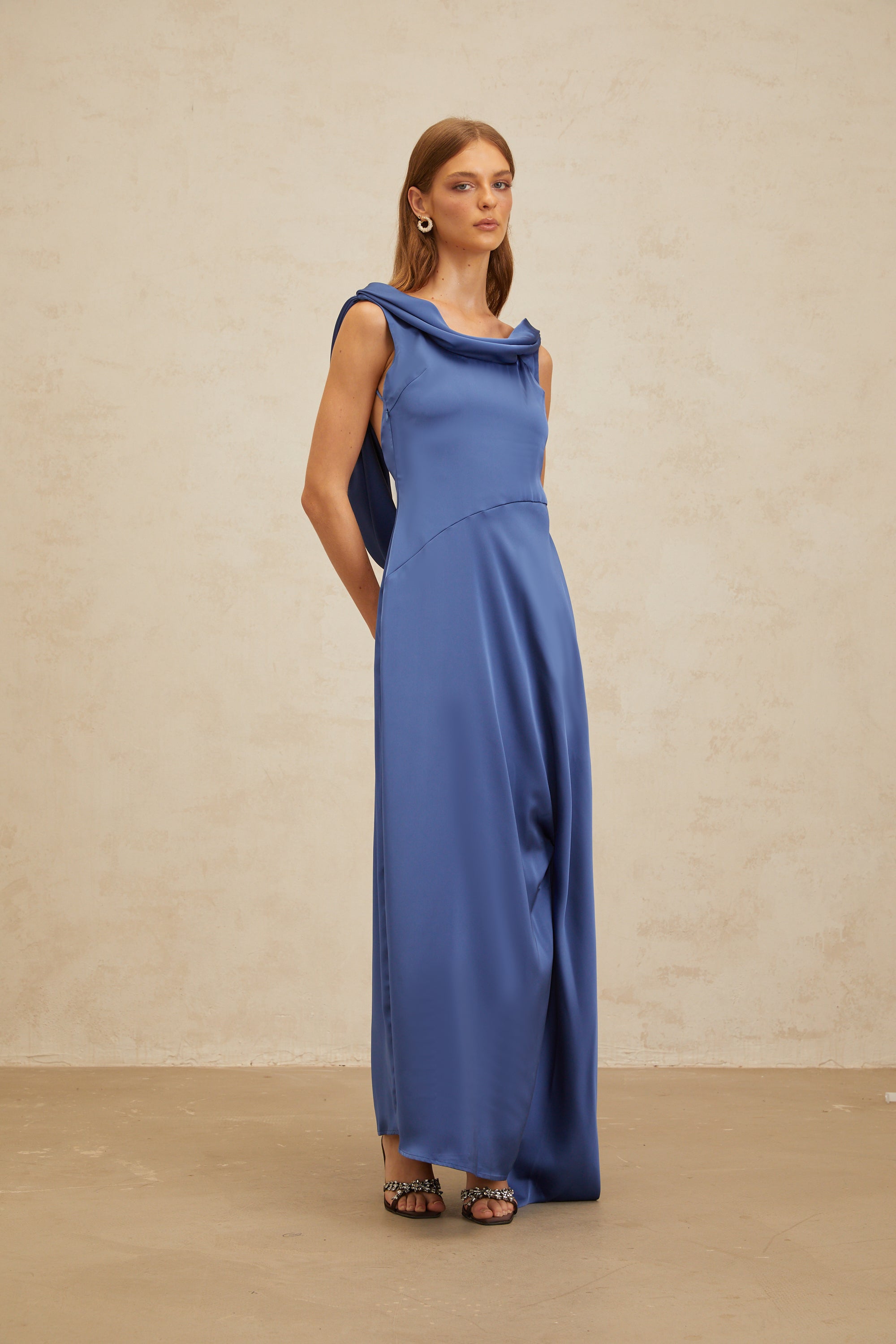 Éliane Sapphire Open-Back Satin Maxi Dress