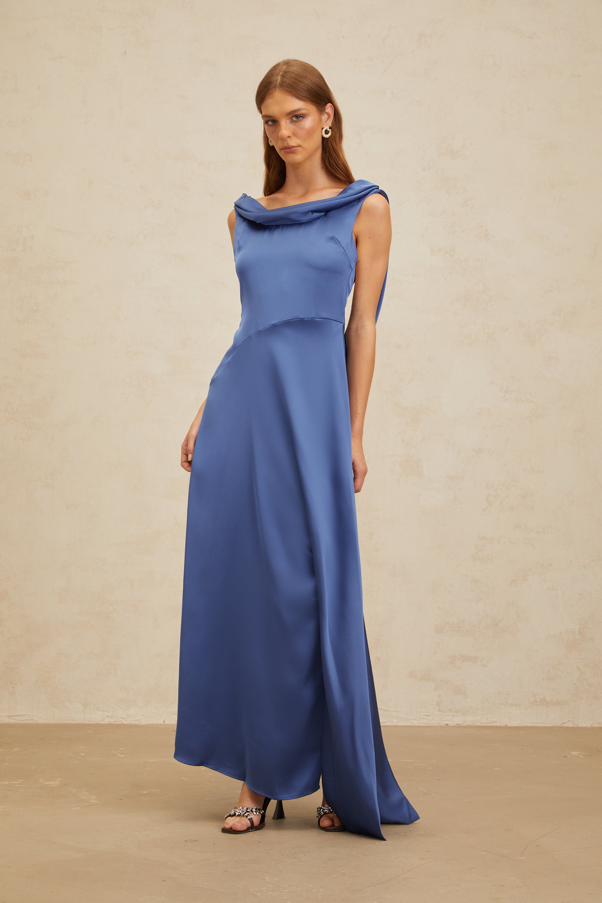 Éliane Sapphire Open-Back Satin Maxi Dress