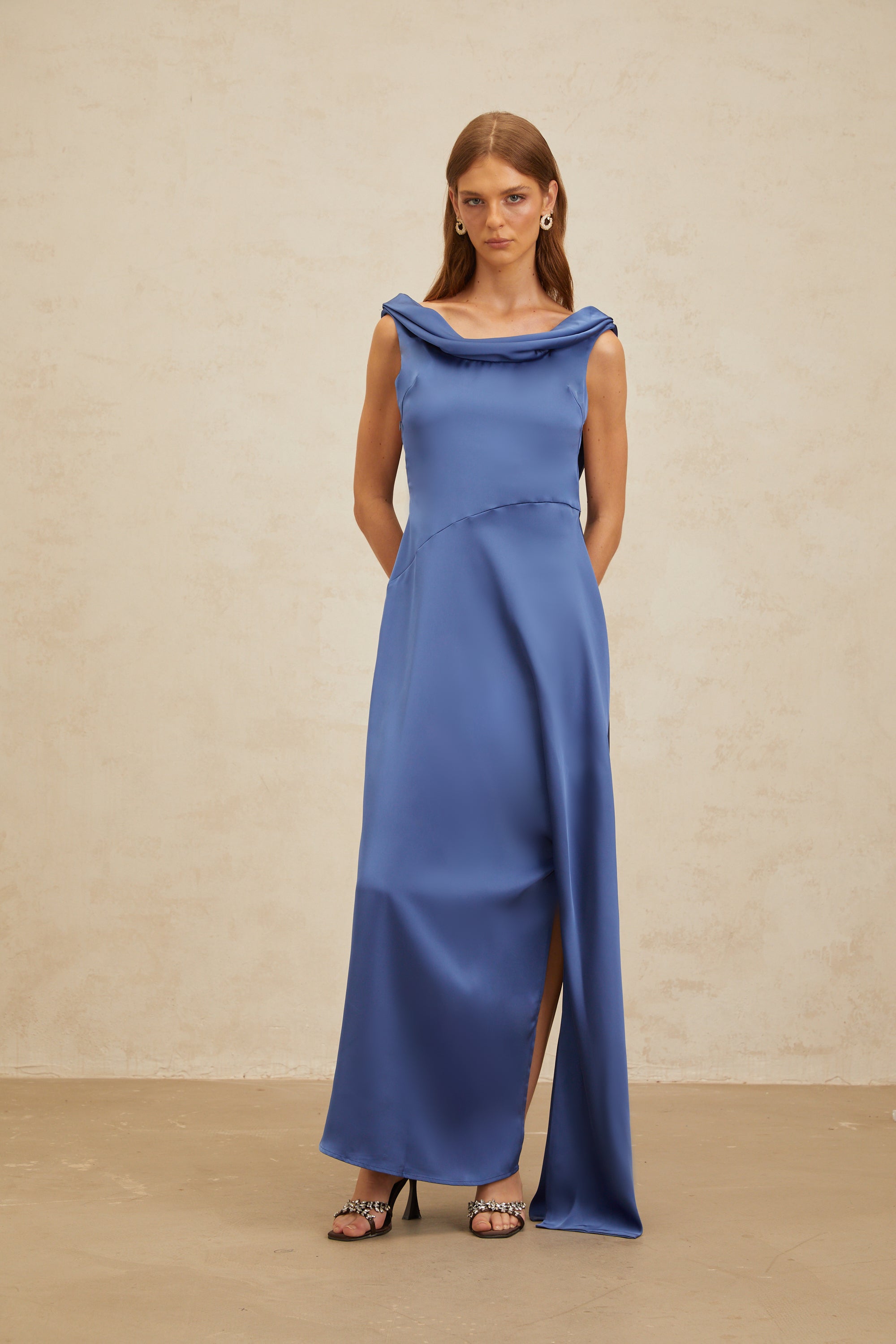 Éliane Sapphire Open-Back Satin Maxi Dress