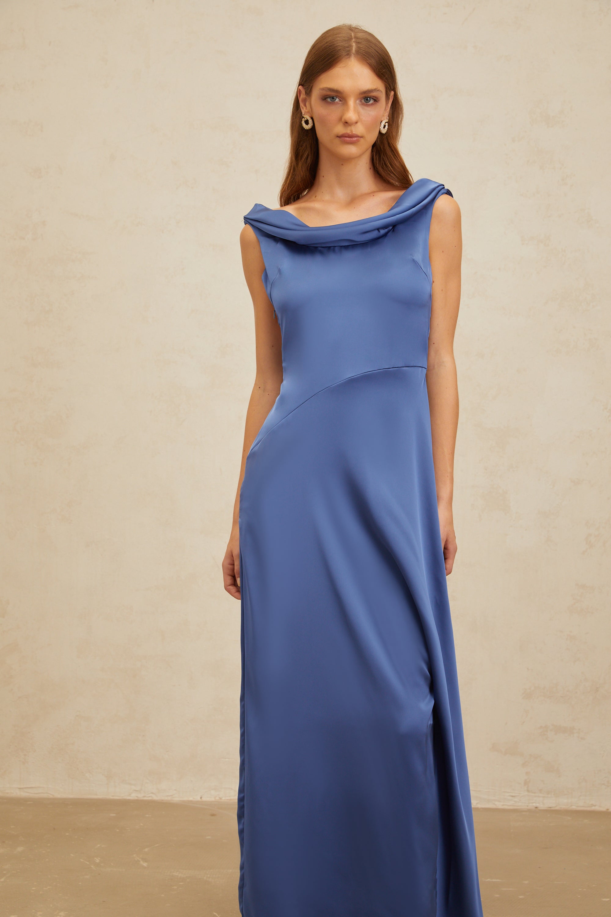 Éliane Sapphire Open-Back Satin Maxi Dress
