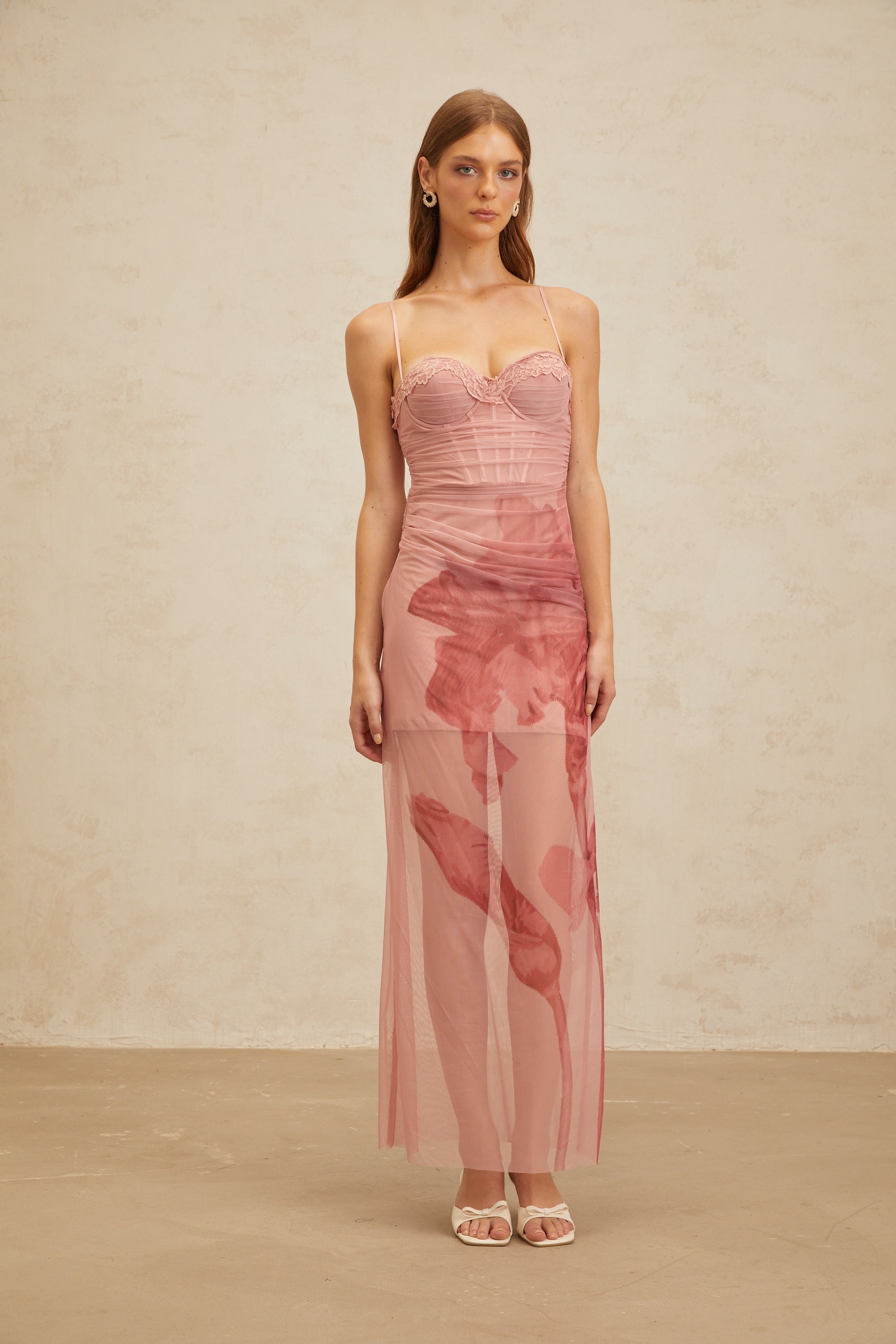 Amandine Pink Floral Print Tulle Maxi Dress