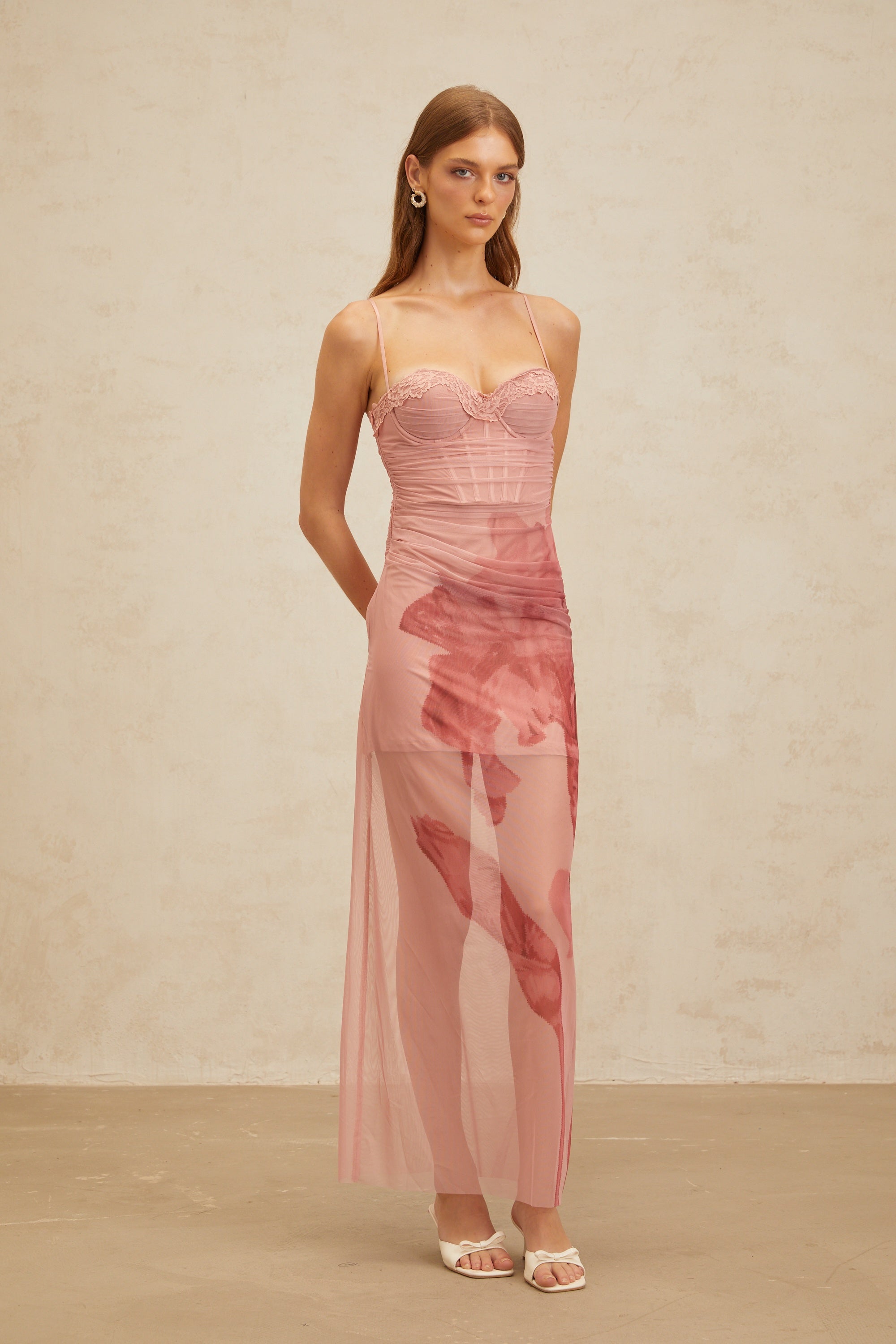 Amandine Pink Floral Print Tulle Maxi Dress