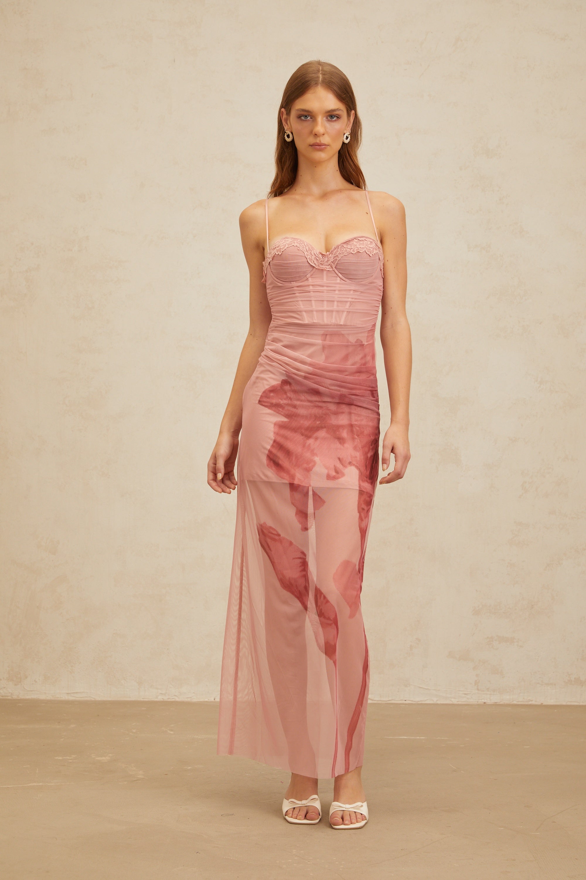 Amandine Pink Floral Print Tulle Maxi Dress