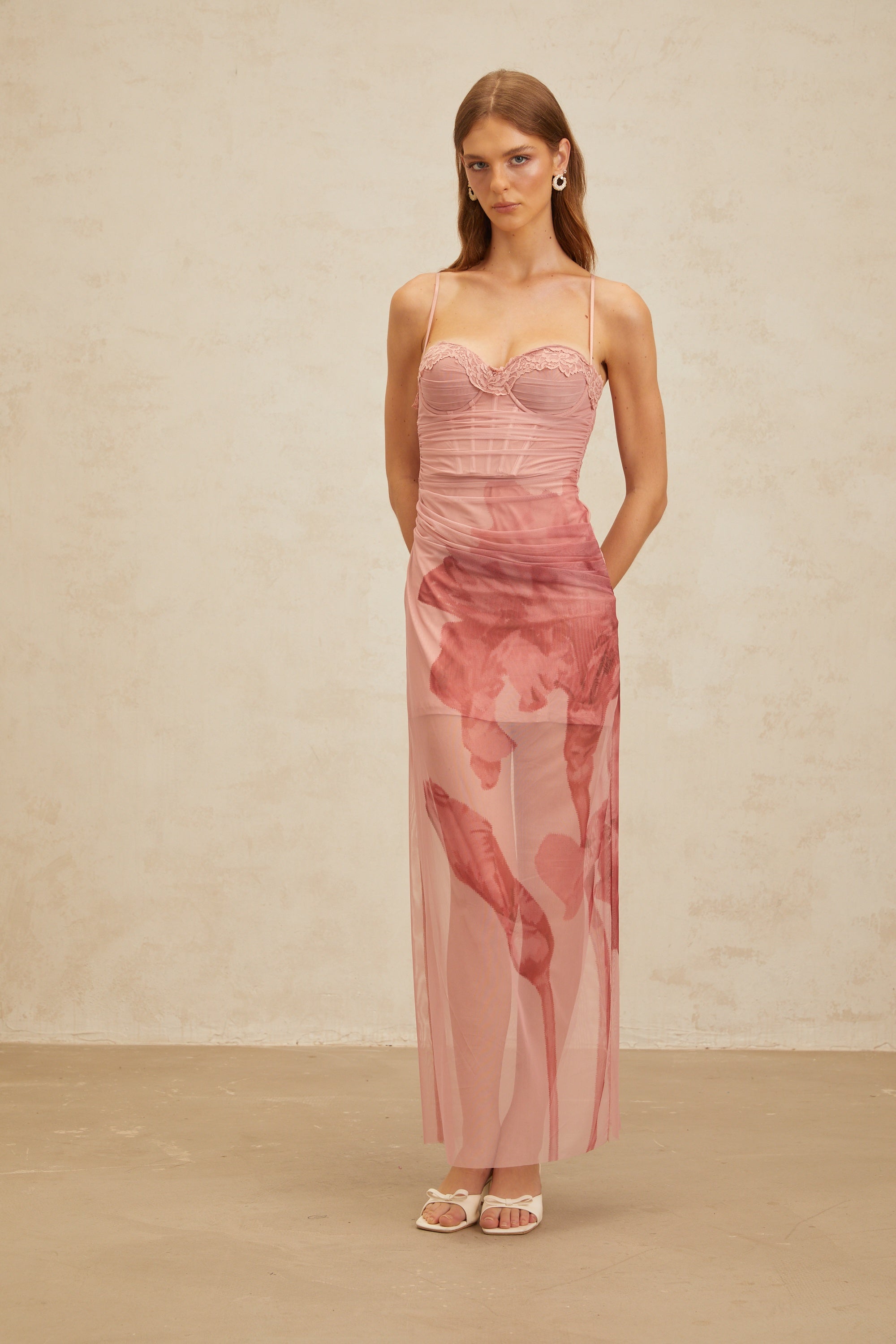 Amandine Pink Floral Print Tulle Maxi Dress