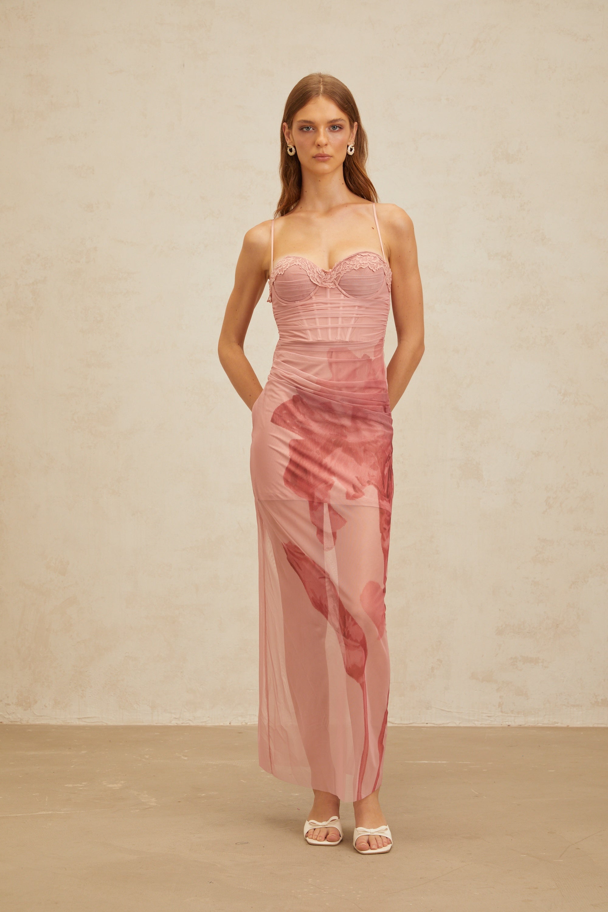 Amandine Pink Floral Print Tulle Maxi Dress