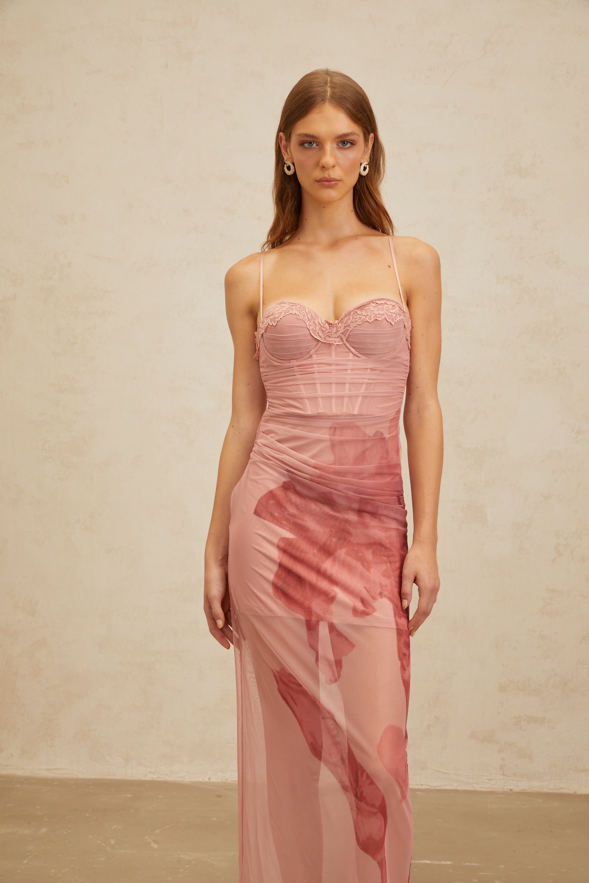 Amandine Pink Floral Print Tulle Maxi Dress