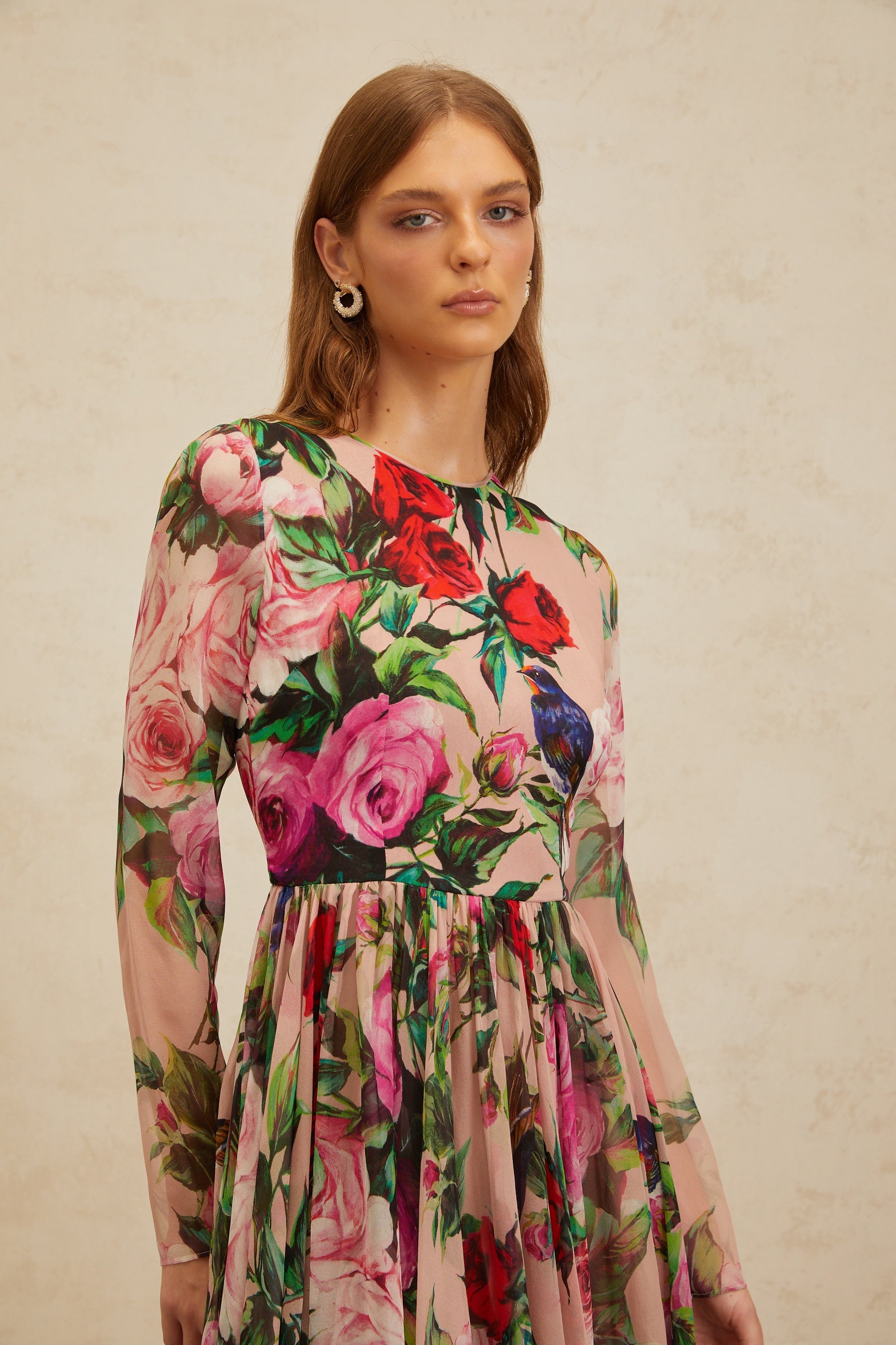Coralie Pink Rose Print Summer Silk Midi Dress