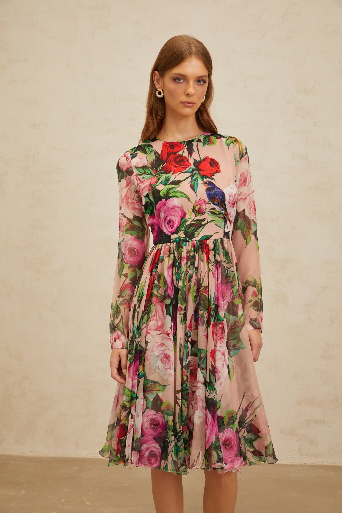 Coralie Pink Rose Print Summer Silk Midi Dress