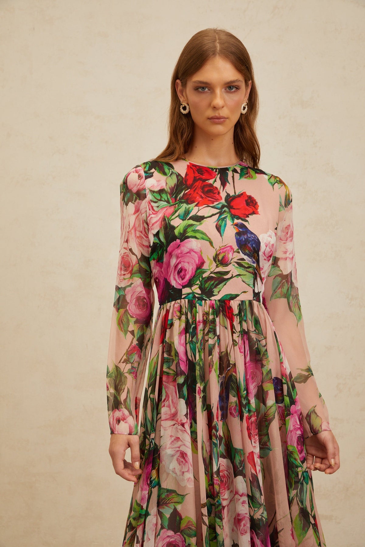 Coralie Pink Rose Print Summer Silk Midi Dress