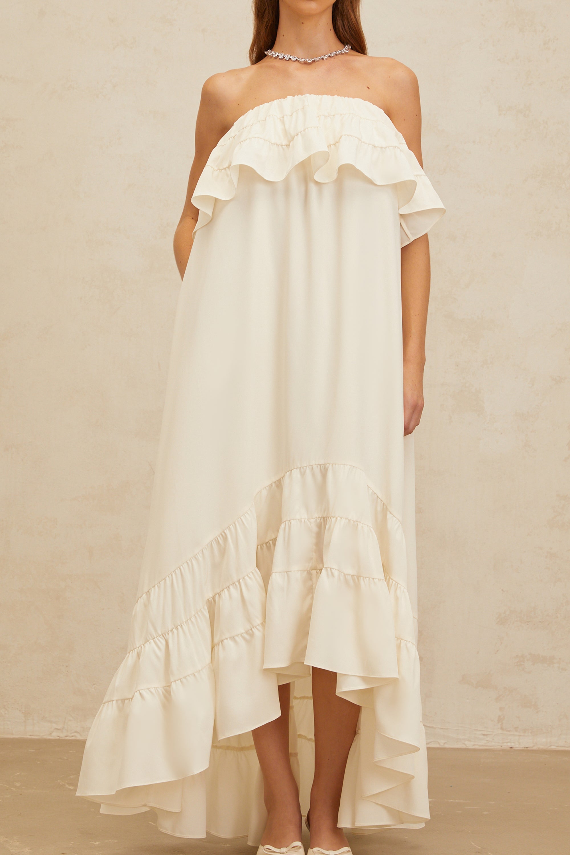 Bénédicte White Vibrant Off Shoulder Shirred Maxi Dress (Final Sale-US Only)