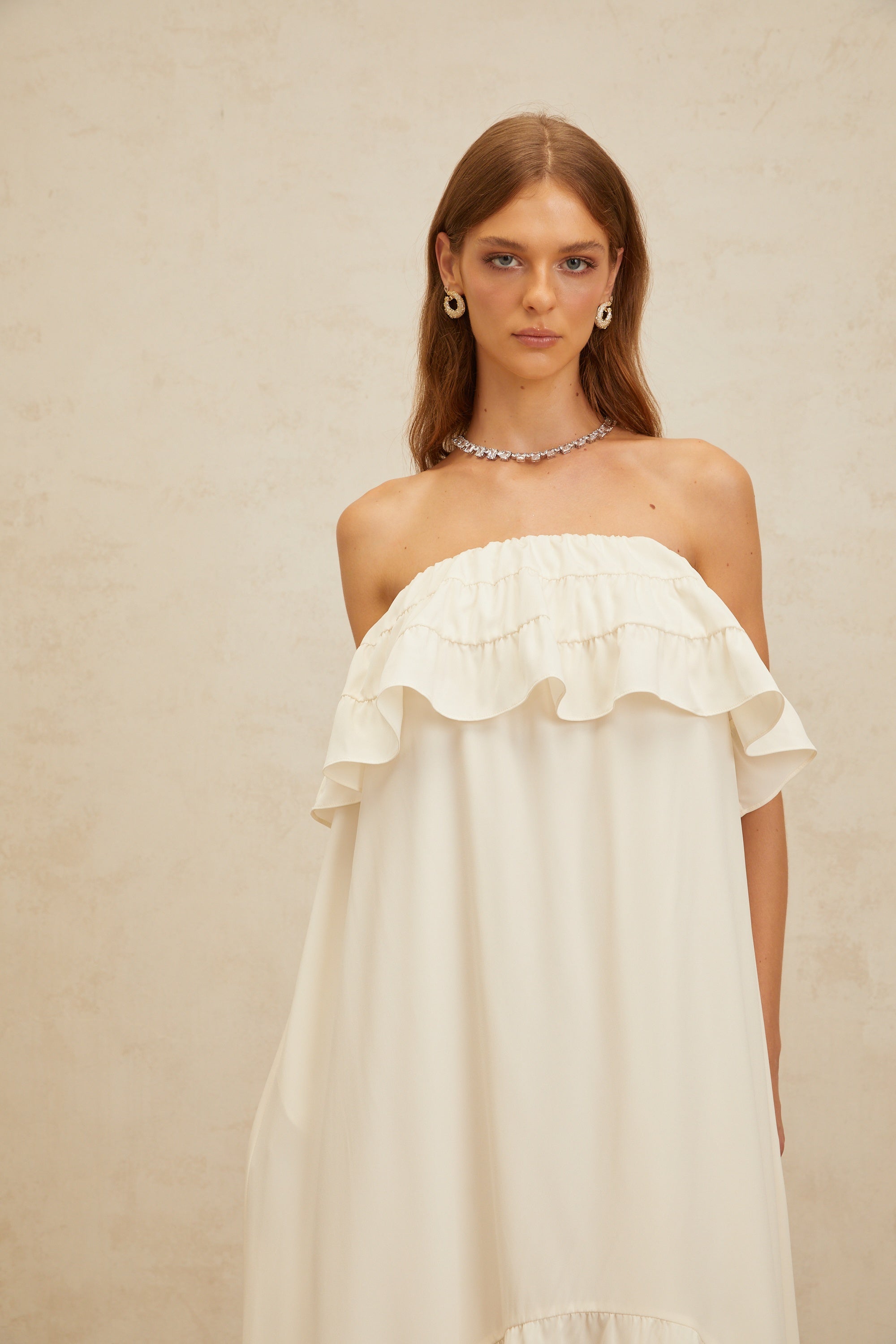 Bénédicte White Vibrant Off Shoulder Shirred Maxi Dress