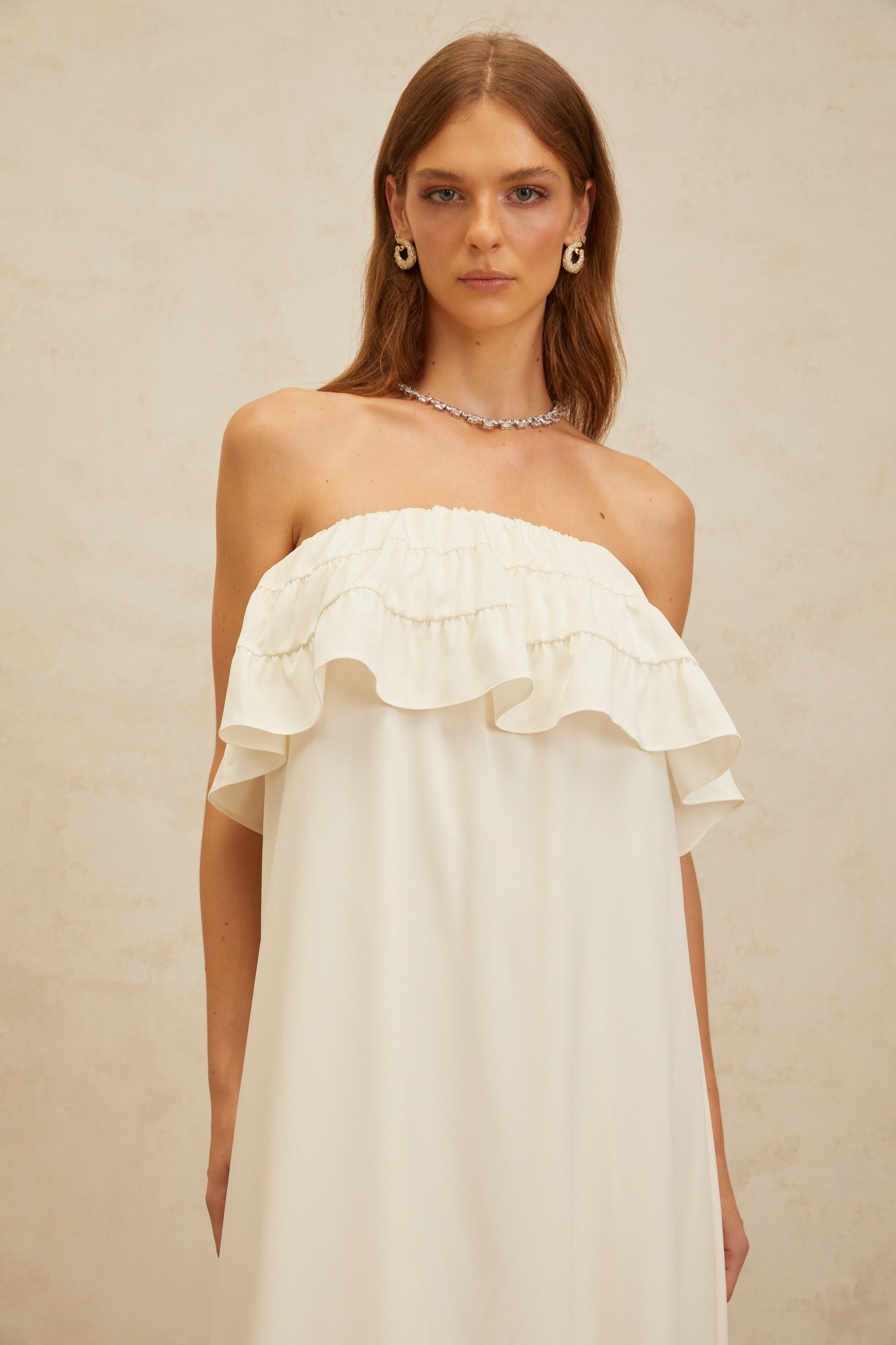 Bénédicte White Vibrant Off Shoulder Shirred Maxi Dress