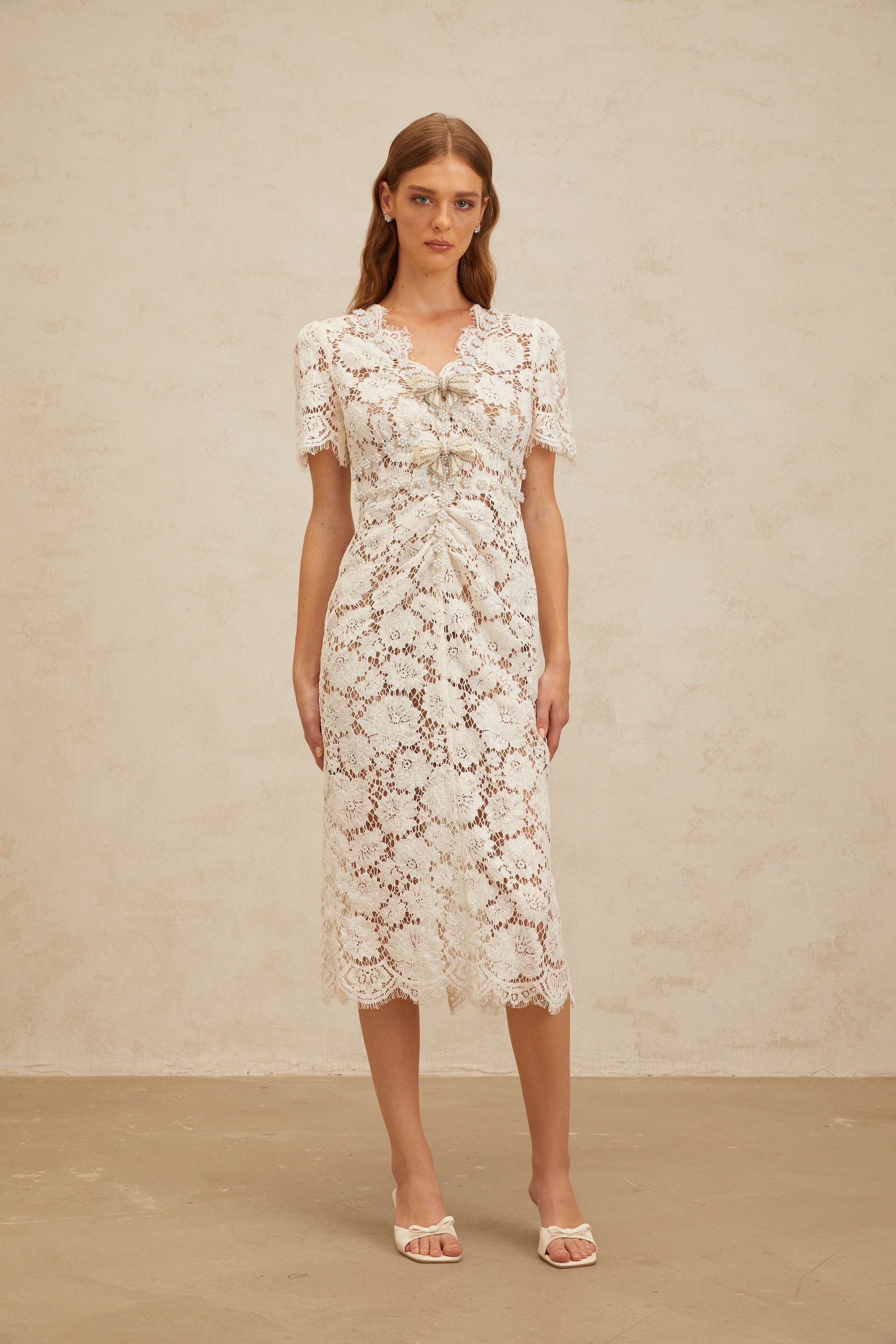 Aurore White Floral Lace Pencil Midi Dress