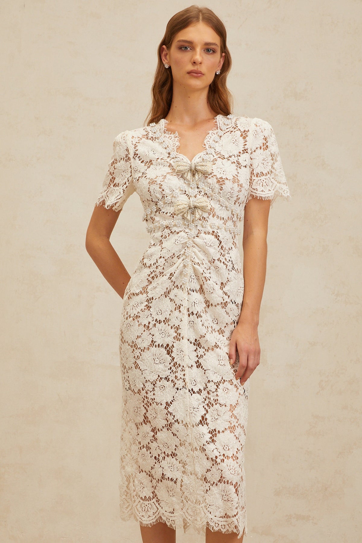 Aurore White Floral Lace Pencil Midi Dress