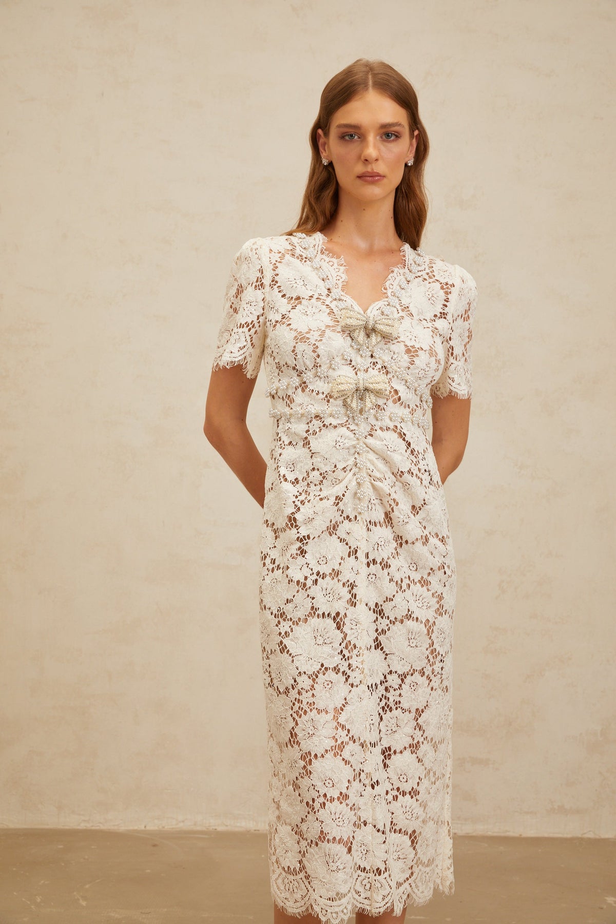 Aurore White Floral Lace Pencil Midi Dress
