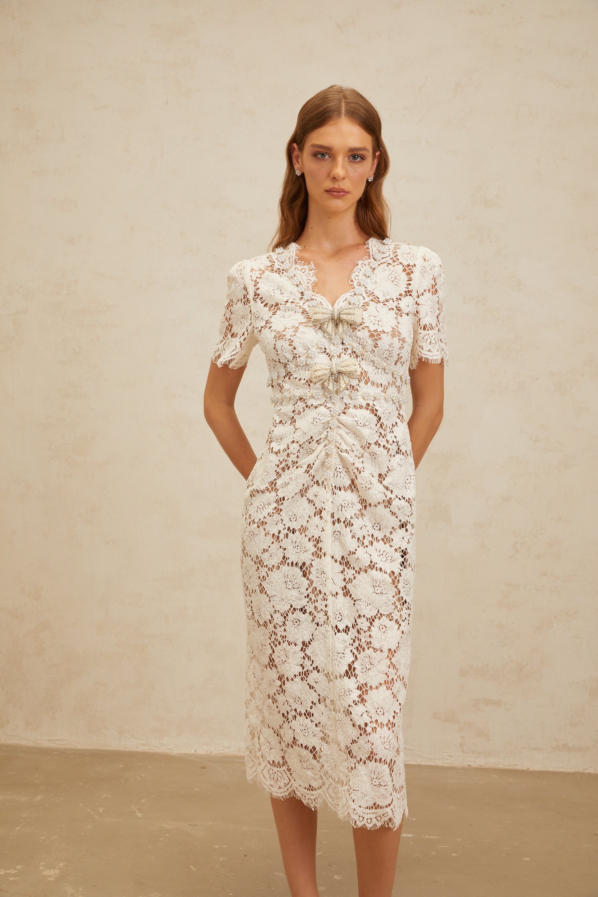 Aurore White Floral Lace Pencil Midi Dress