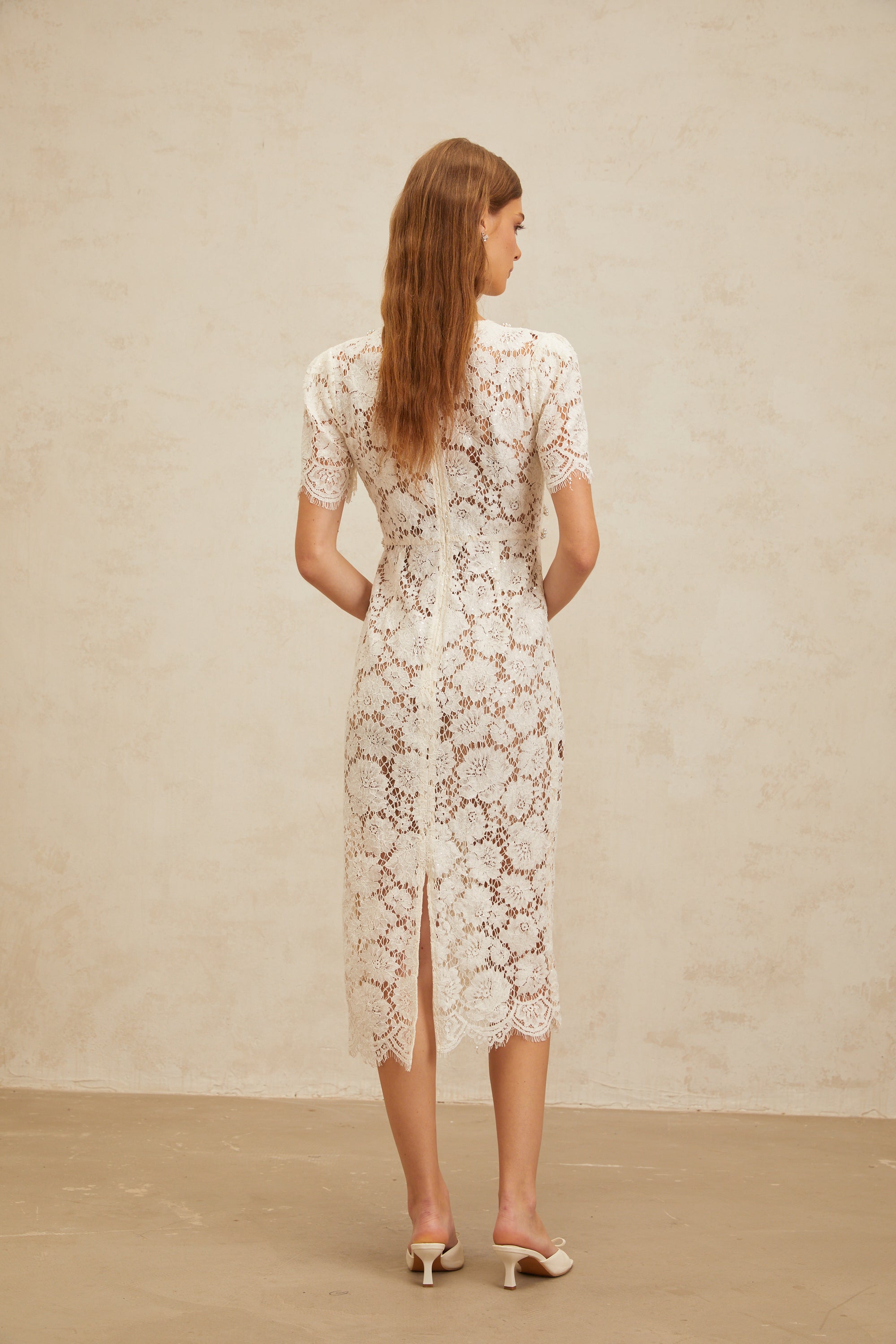 Aurore White Floral Lace Pencil Midi Dress