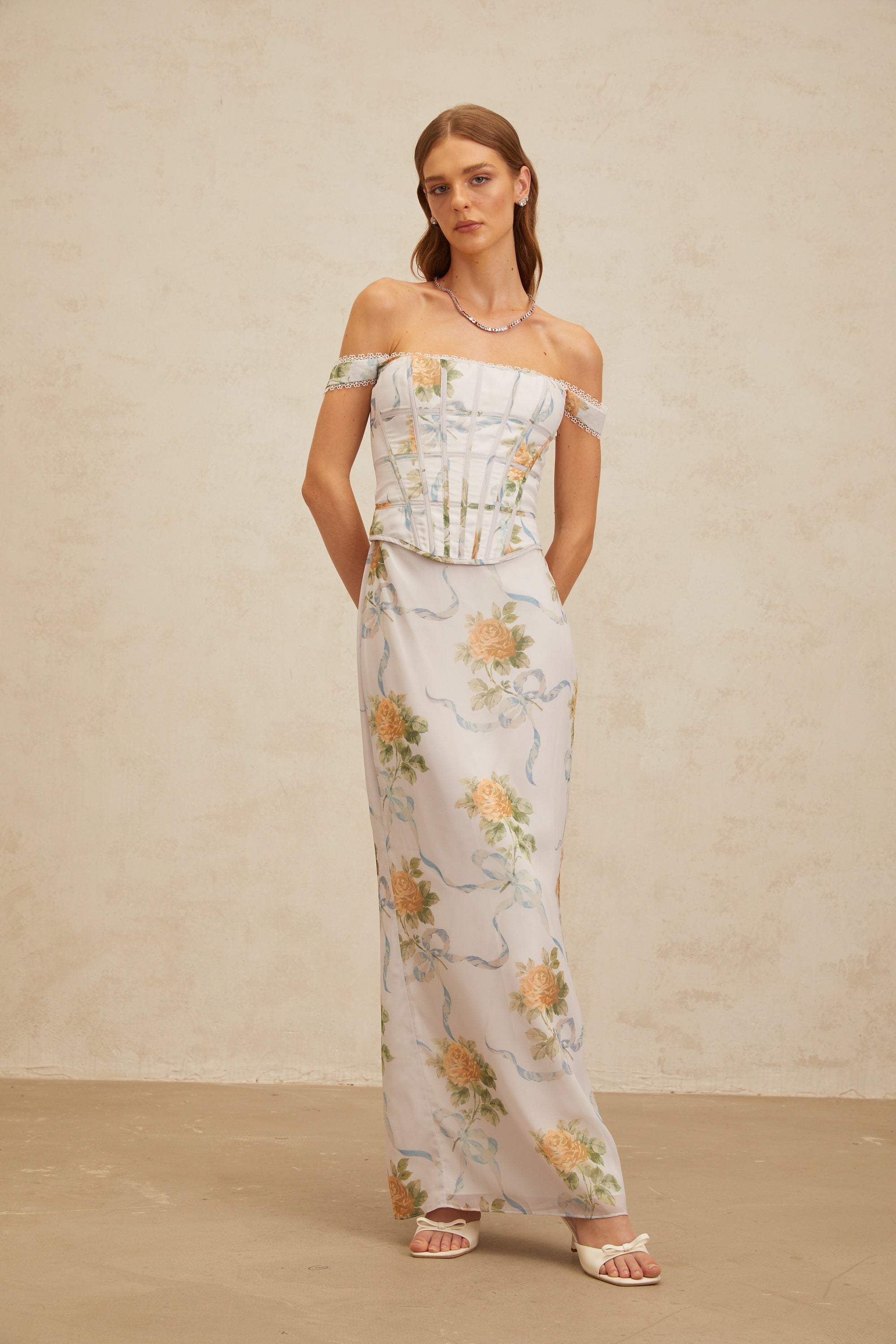 Béryl Soft-Blue Floral Print Fitted Maxi Dress