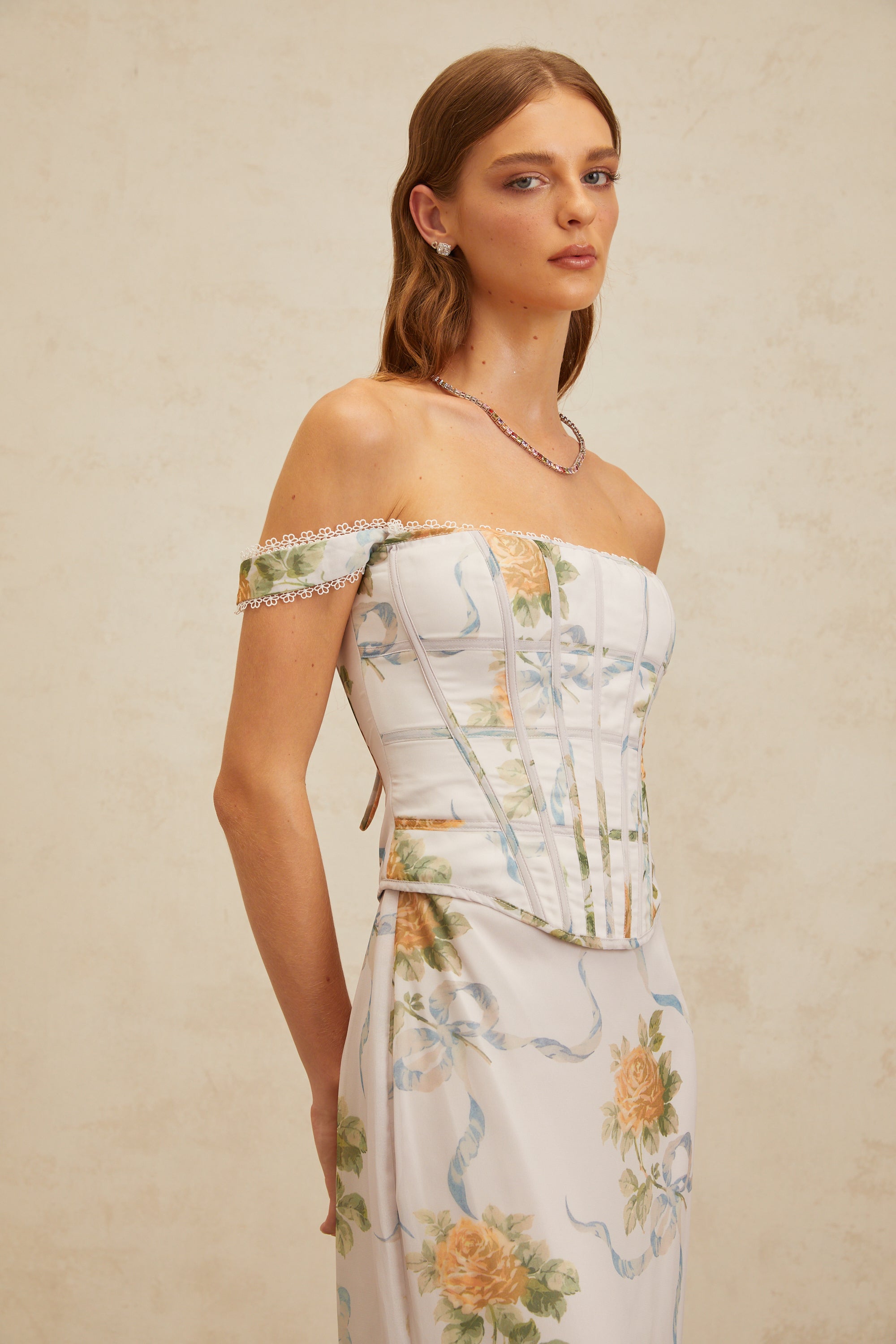 Béryl Soft-Blue Floral Print Fitted Maxi Dress