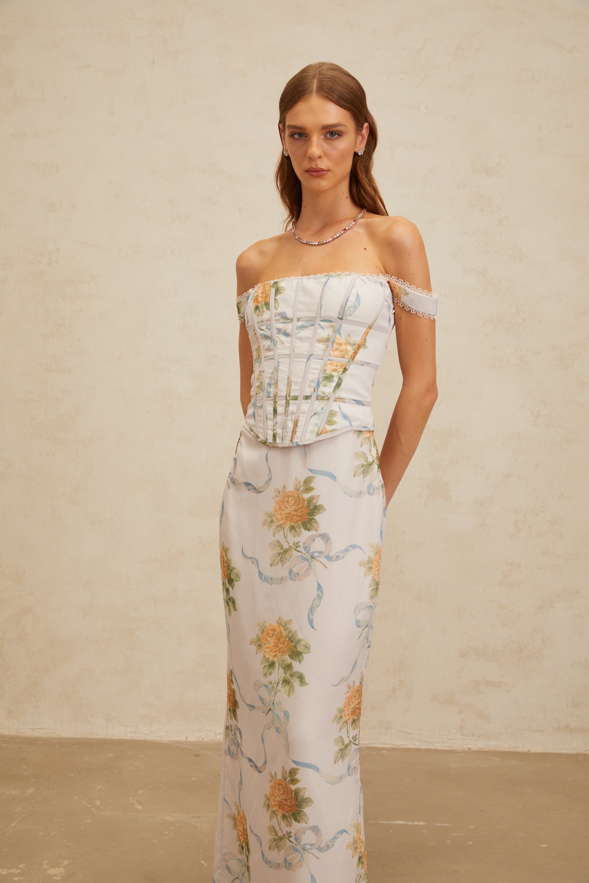 Béryl Soft-Blue Floral Print Fitted Maxi Dress