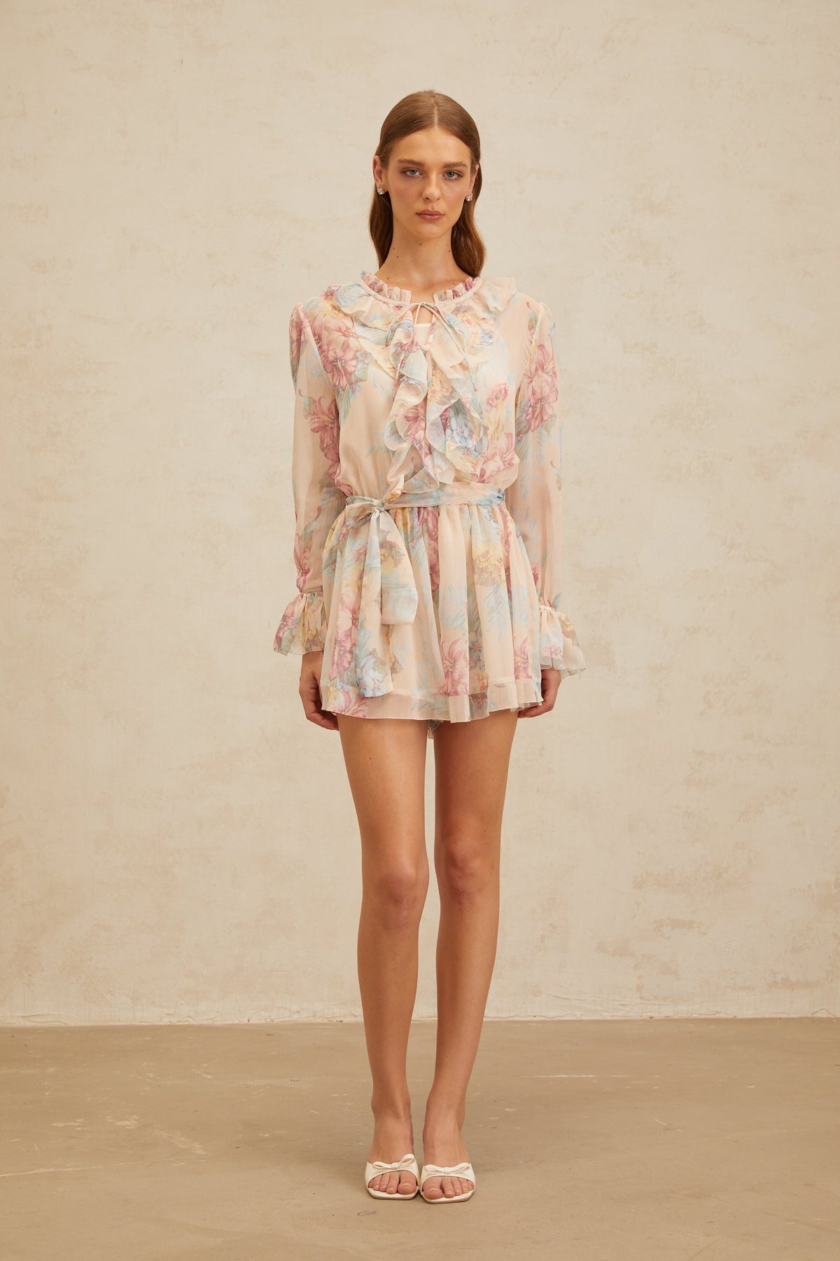 Aurore Neutral Floral Print Ruffled Chiffon Playsuit