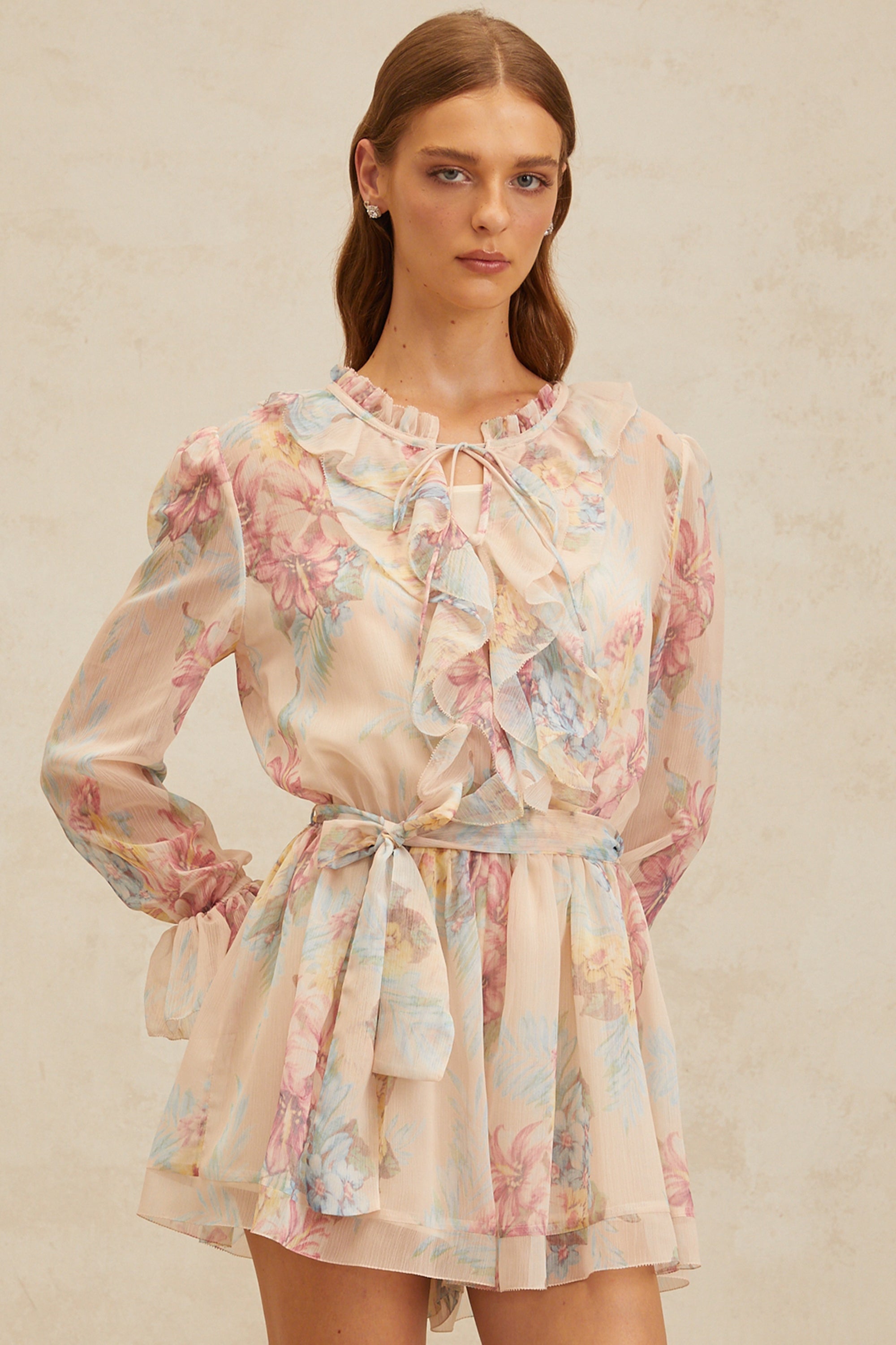 Aurore Neutral Floral Print Ruffled Chiffon Playsuit (Final Sale)