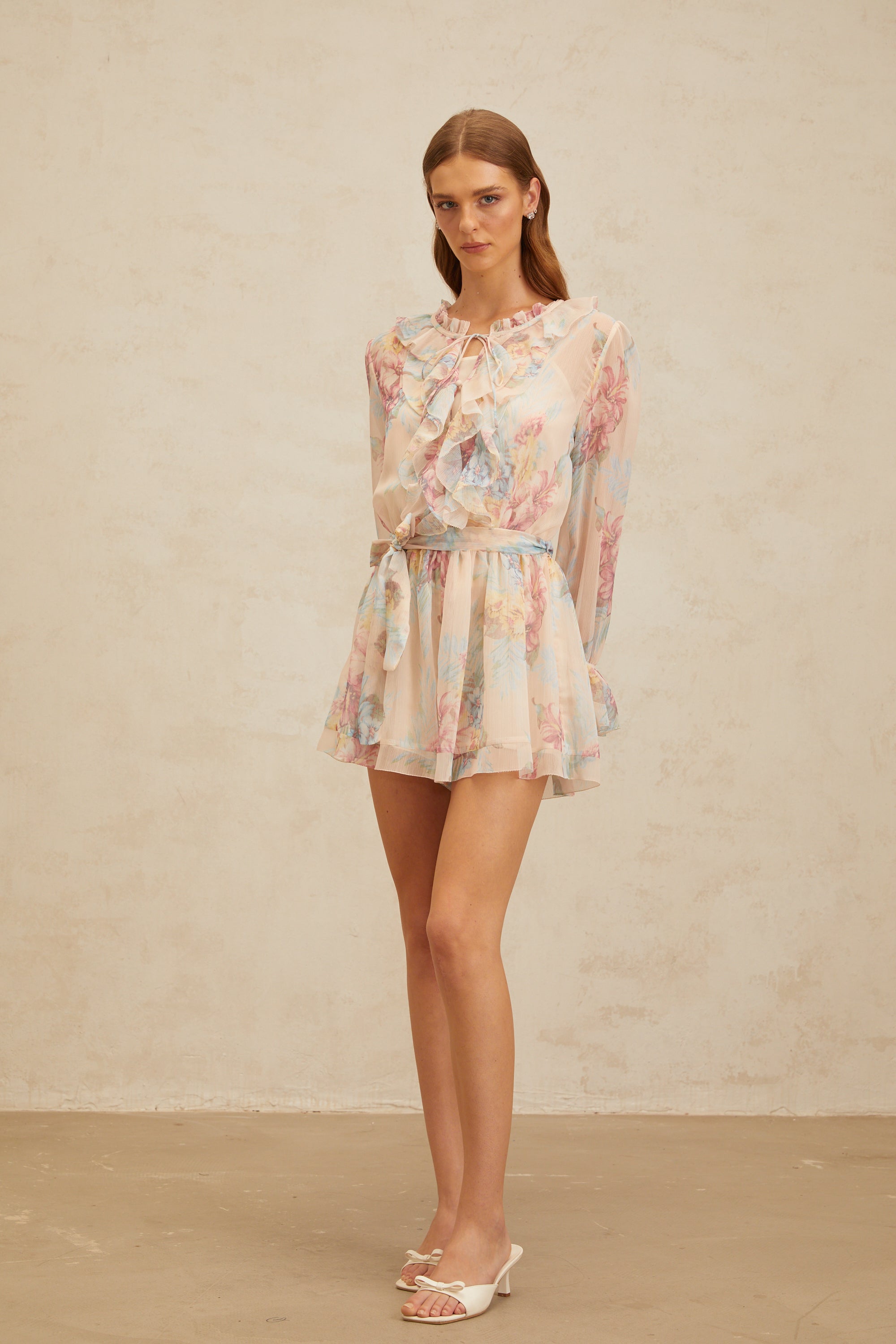 Aurore Neutral Floral Print Ruffled Chiffon Playsuit (Final Sale)