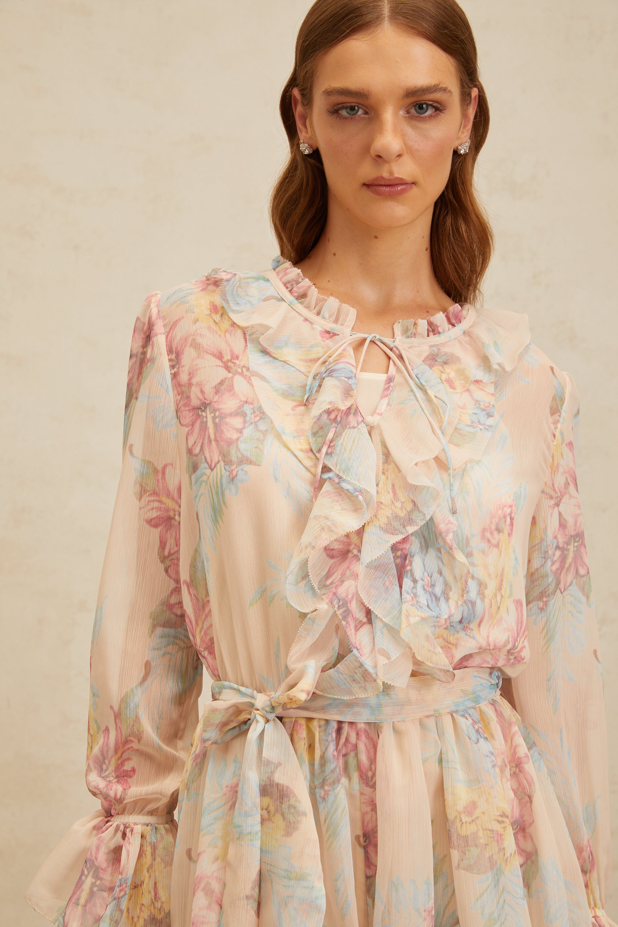 Aurore Neutral Floral Print Ruffled Chiffon Playsuit (Final Sale)