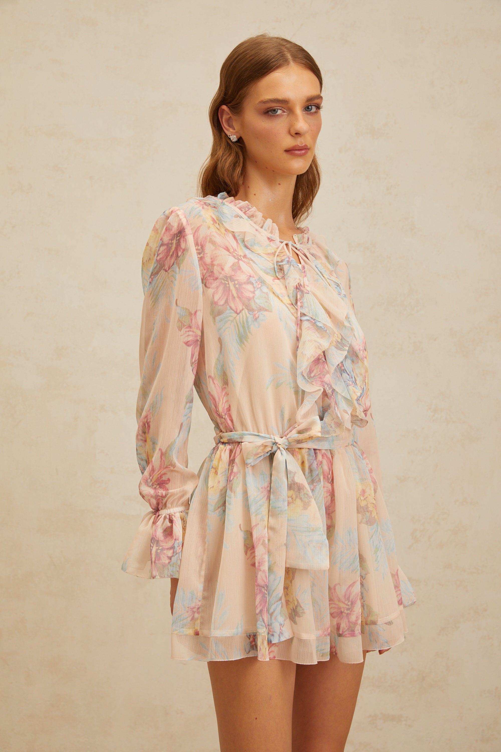 Aurore Neutral Floral Print Ruffled Chiffon Playsuit (Final Sale)