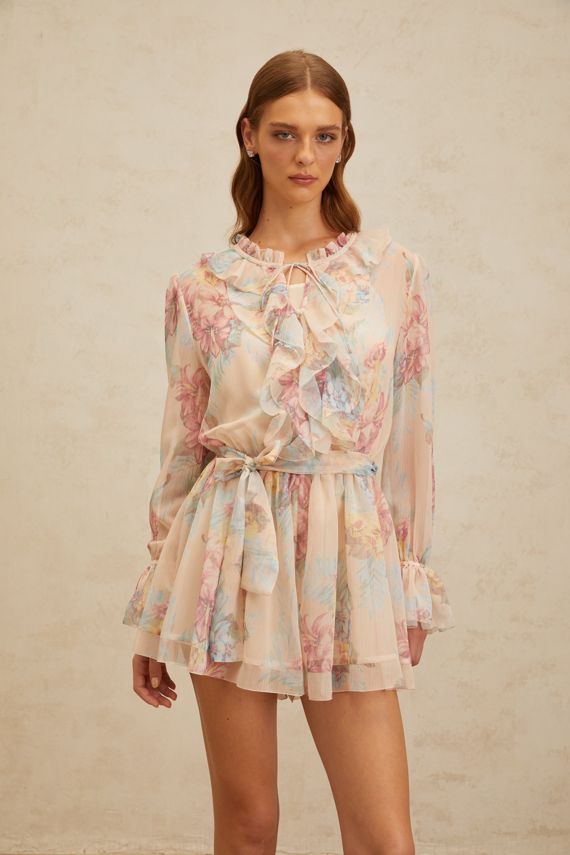 Aurore Neutral Floral Print Ruffled Chiffon Playsuit (Final Sale)