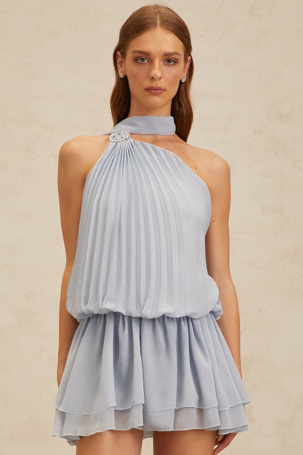 Angèle Blue Halterneck Fully Pleated Mini Dress