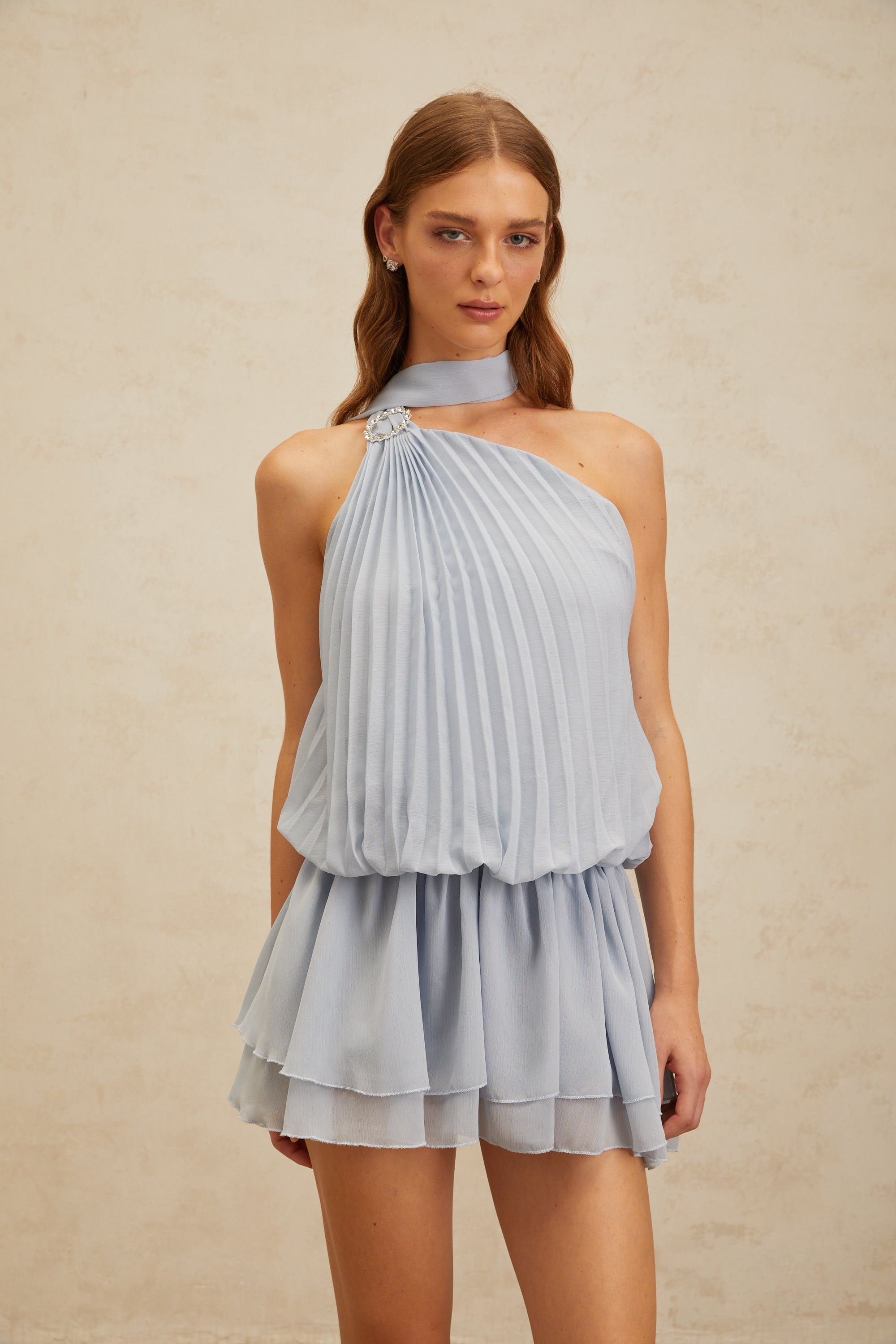 Angèle Blue Halterneck Fully Pleated Mini Dress (Final Sale-US Only)