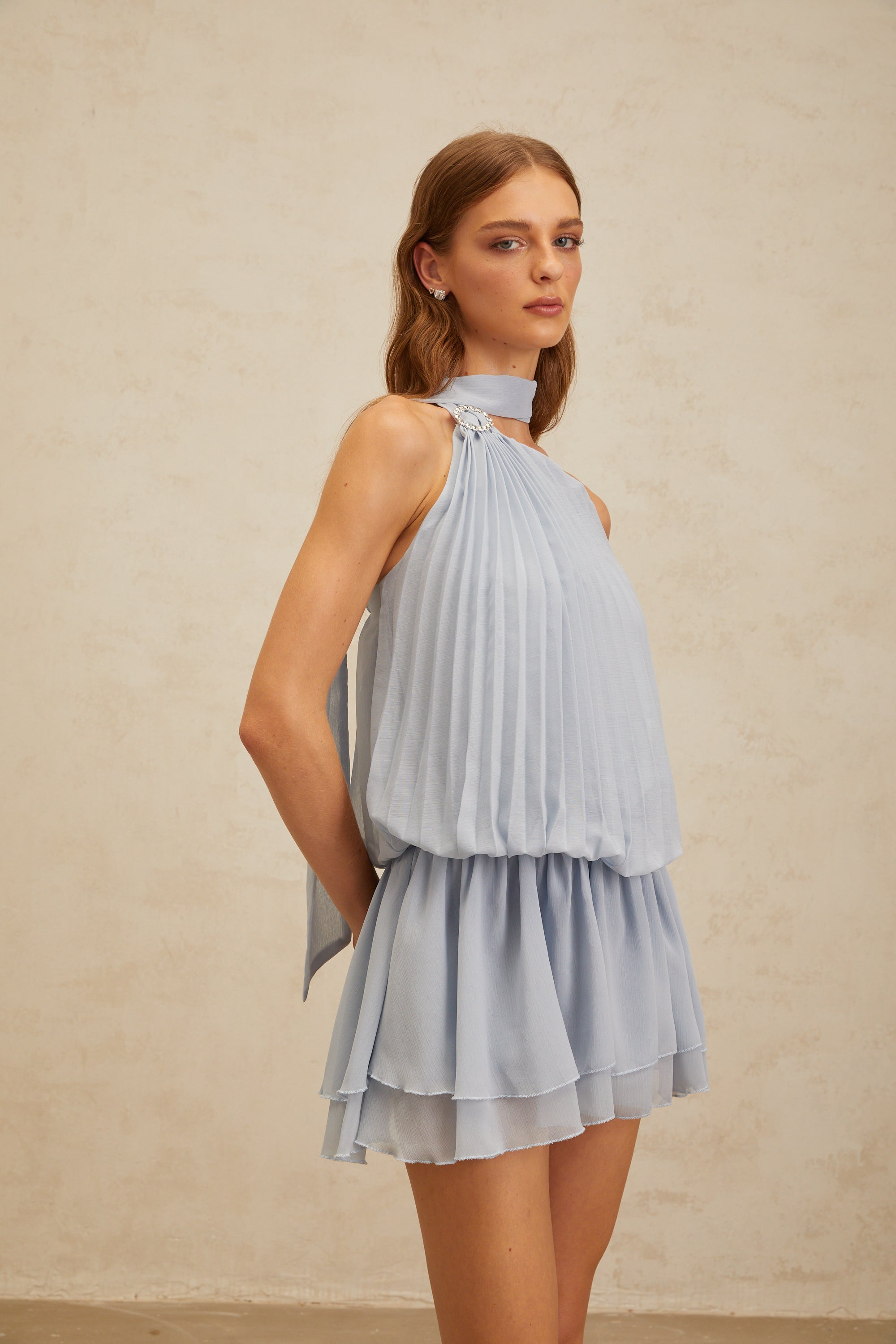 Angèle Blue Halterneck Fully Pleated Mini Dress (Final Sale-US Only)