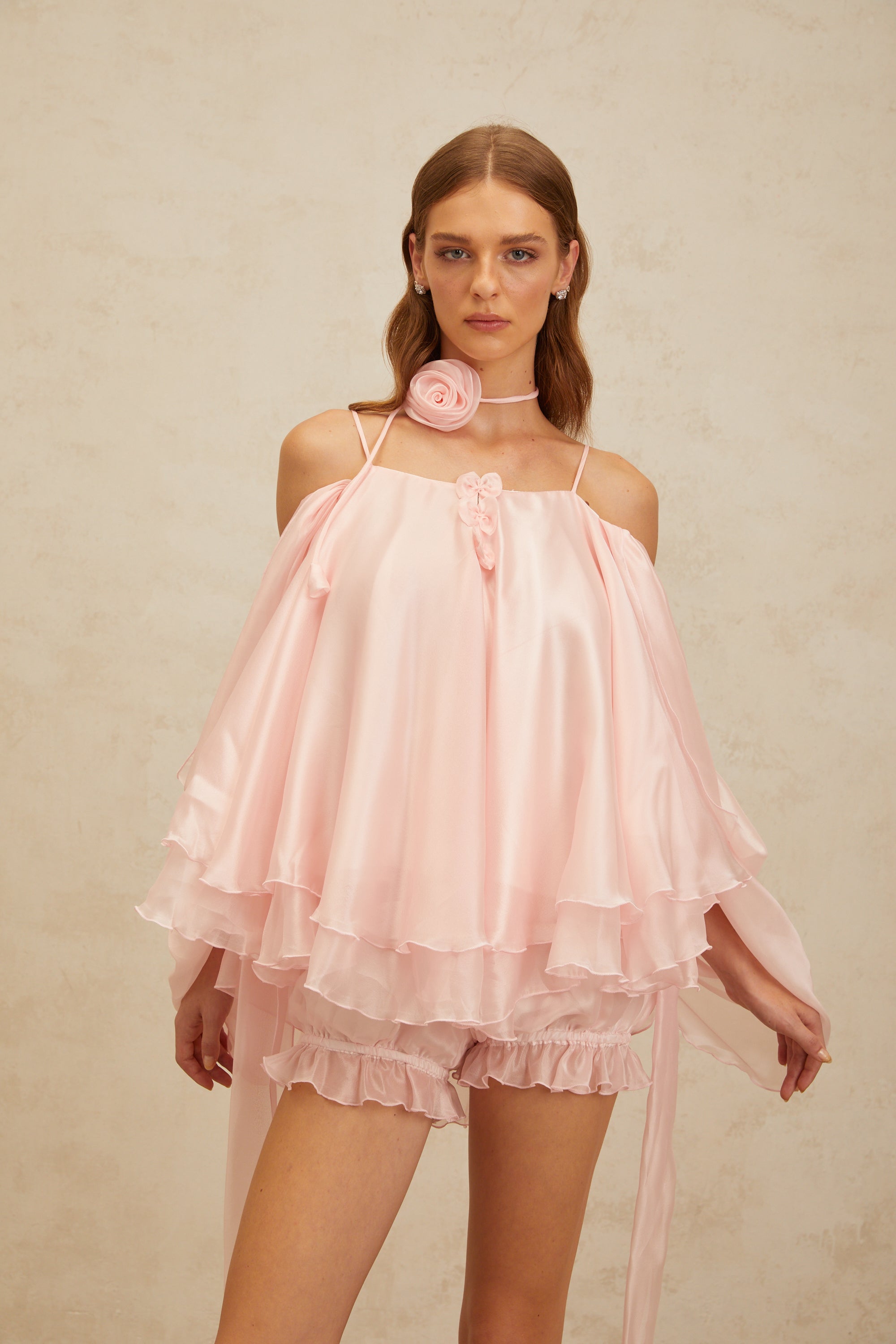 Amélie Pink 3D Petal Tulle Top & Shorts Set