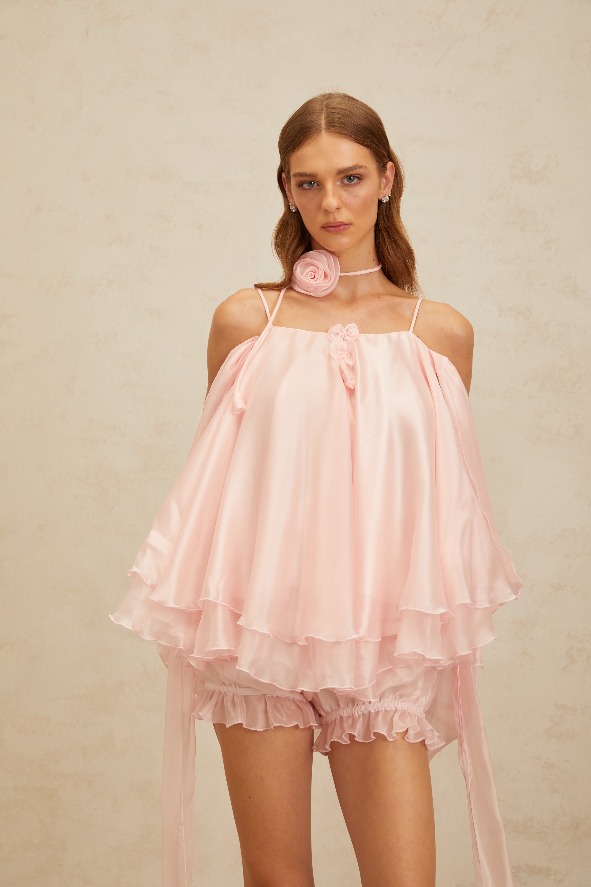 Amélie Pink 3D Petal Tulle Top & Shorts Set