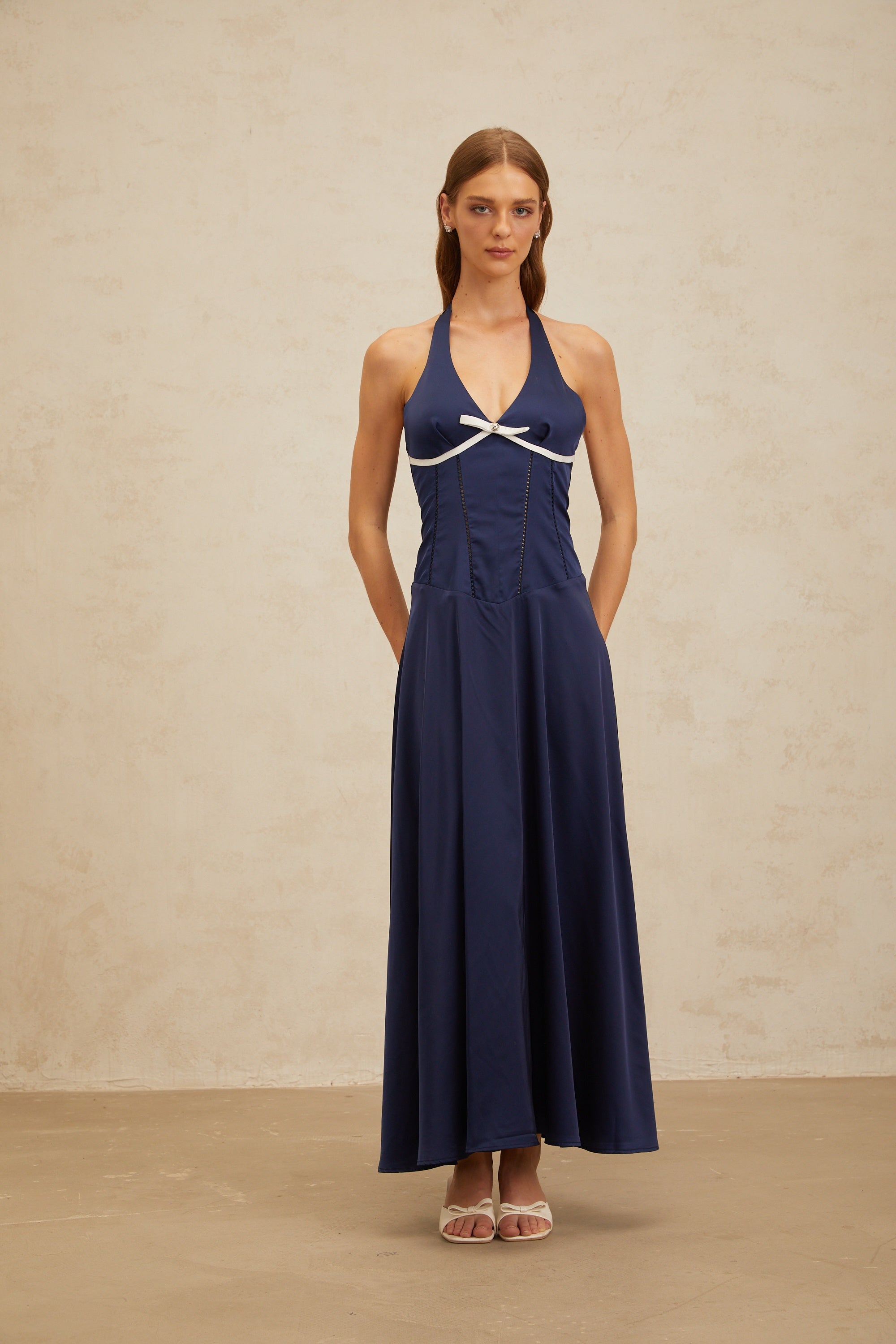 Vérane Sapphire Bowknot Satin Maxi Dress (Final Sale)