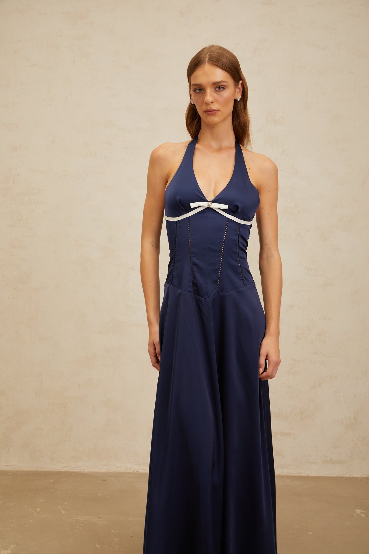 Vérane Sapphire Bowknot Satin Maxi Dress
